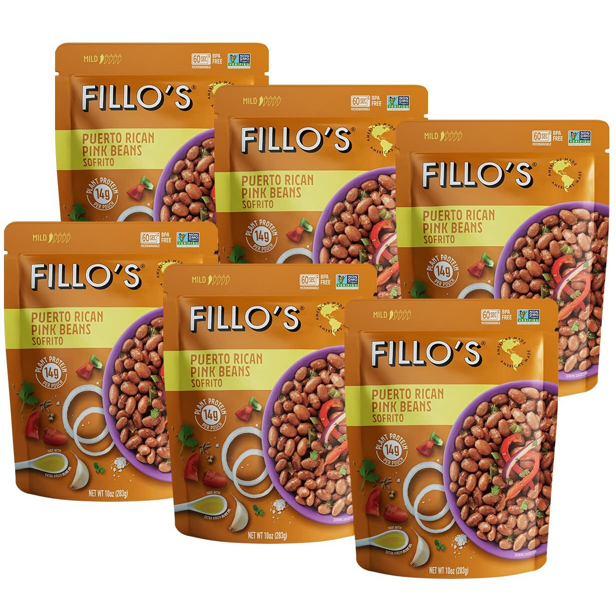 Fillo's Puerto Rican Pink Beans, Ready To Eat Sofrito Beans, 10 Oz Pk Of 6, Gluten-Free, Preservative-Free, Microwavable Meals, Non-Gmo, Vegan, Plant Protein