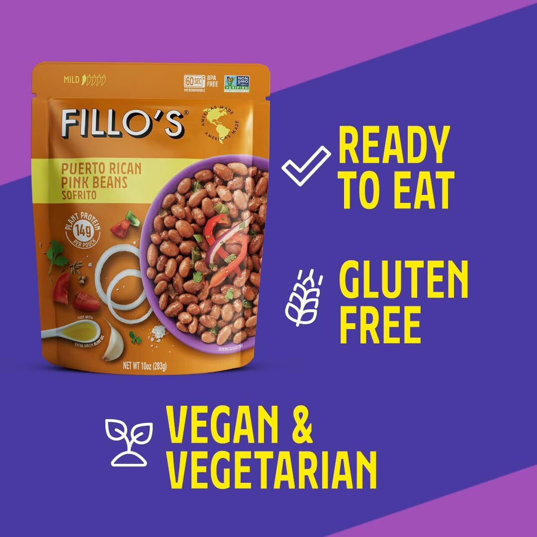 Fillo's Puerto Rican Pink Beans, Ready To Eat Sofrito Beans, 10 Oz Pk Of 6, Gluten-Free, Preservative-Free, Microwavable Meals, Non-Gmo, Vegan, Plant Protein