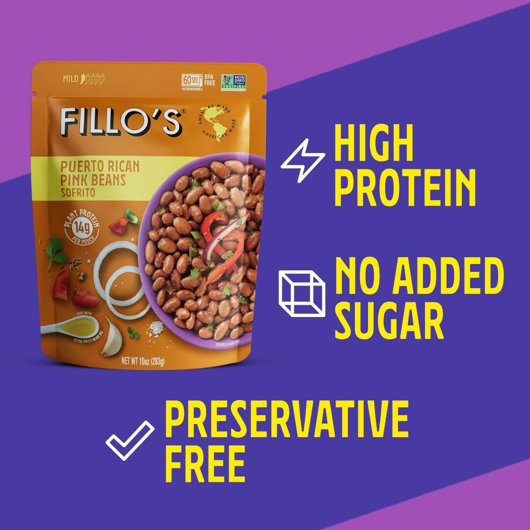 Fillo's Puerto Rican Pink Beans, Ready To Eat Sofrito Beans, 10 Oz Pk Of 6, Gluten-Free, Preservative-Free, Microwavable Meals, Non-Gmo, Vegan, Plant Protein