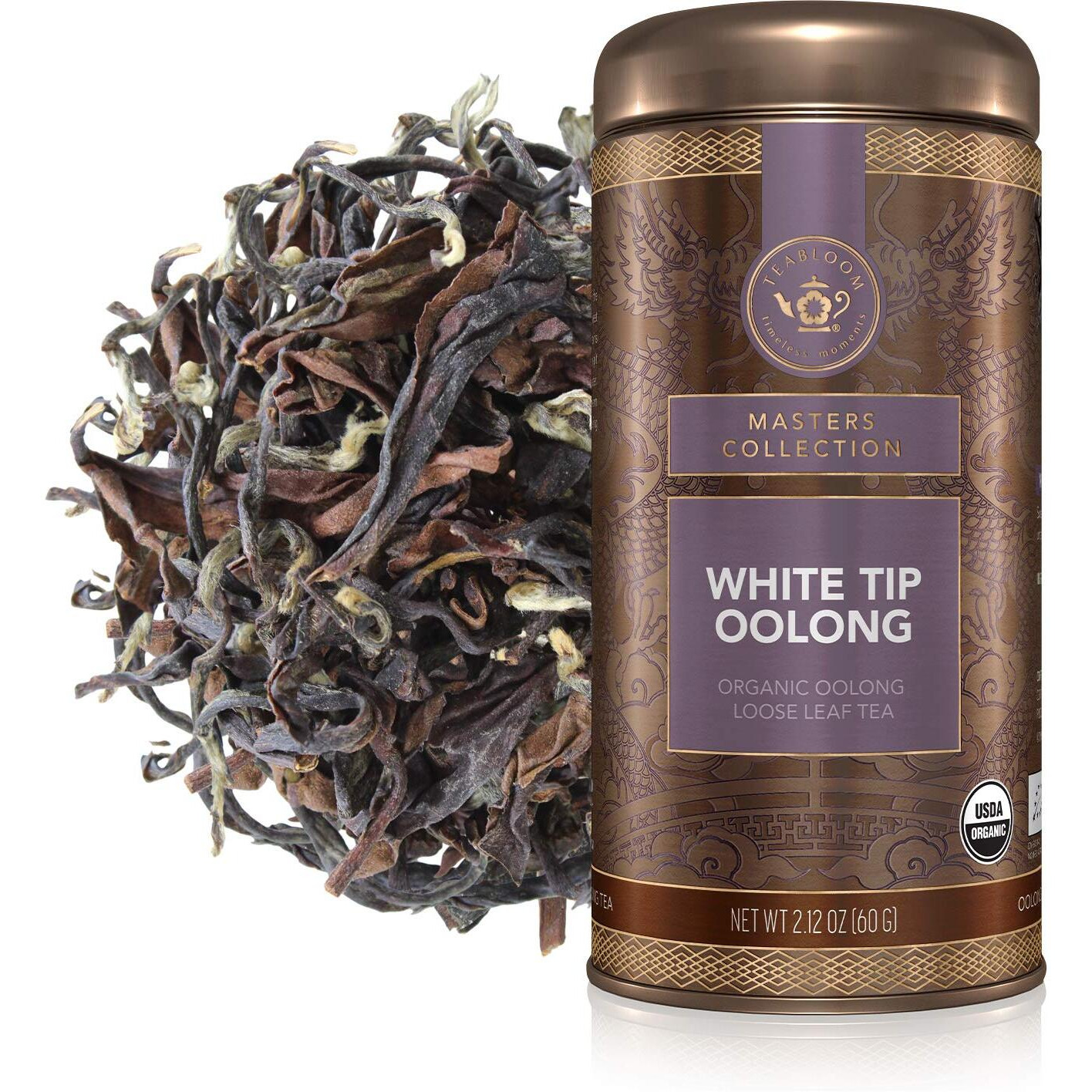 Teabloom Organic White Tip Oolong Loose Leaf Tea, Sweet And Lush With A Delicate Warm Spicy Undertone, Usda Organic, 3.53 Oz. /100 G Canister Makes 35-50 Cups