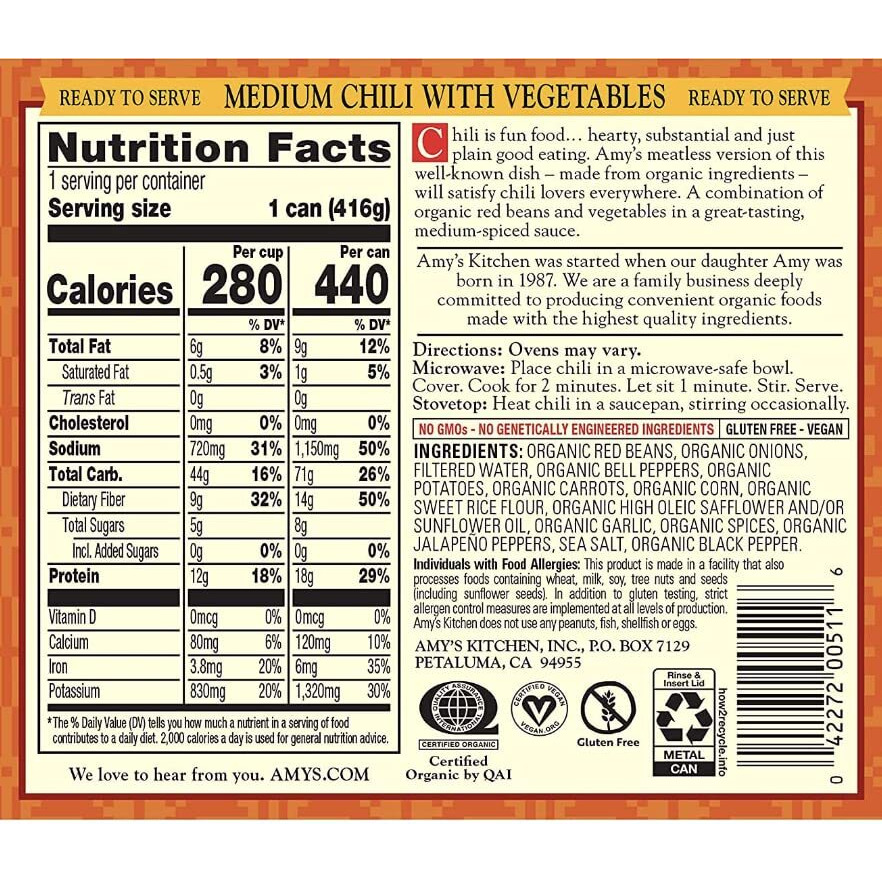 Amy's, Chili, Gluten Free, Vegetarian, Vegetable, Organic, Medium Spice, Jalapeo Pepper, 14.7 Oz, Pack Of 6