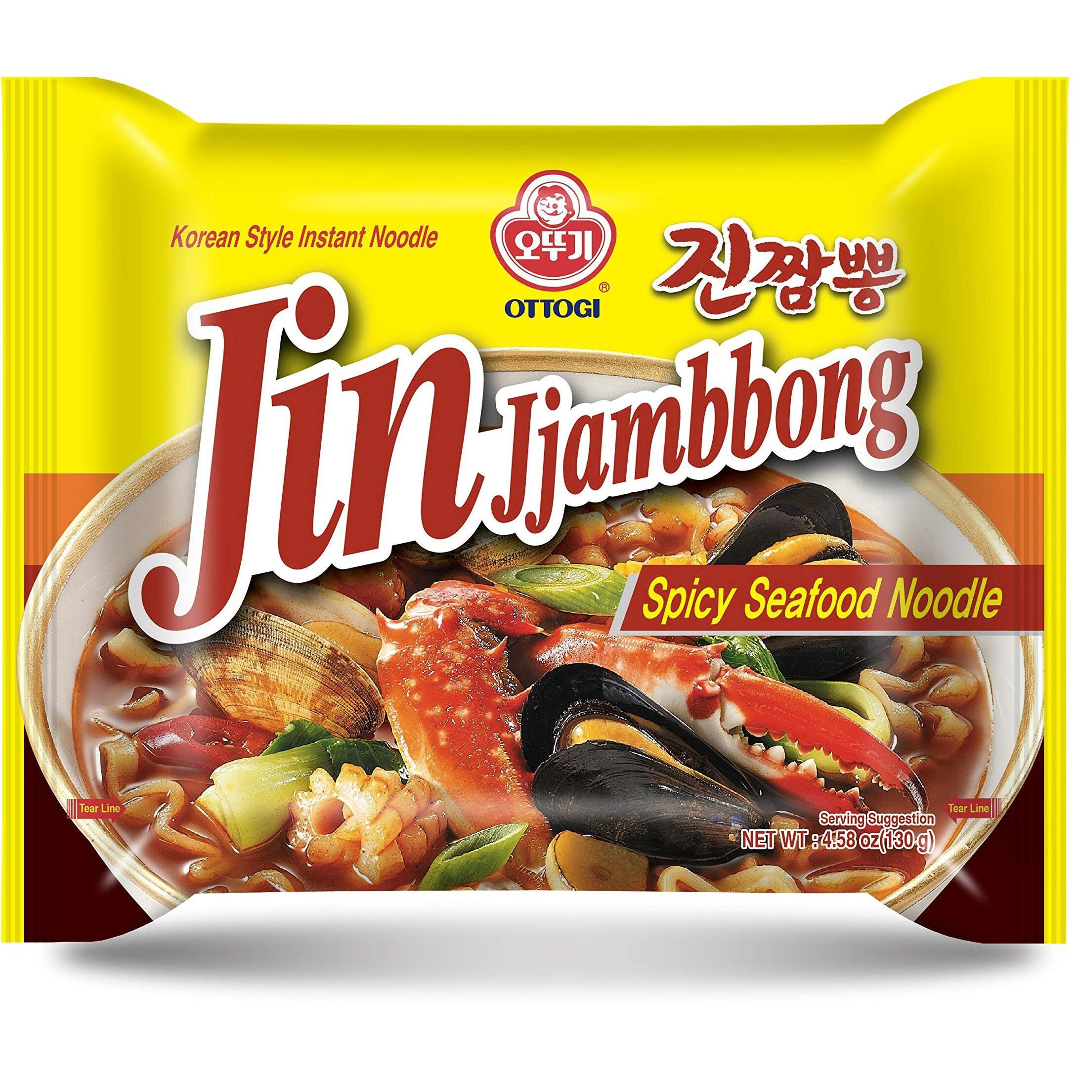 Ottogi Jin Jjamppong, Korean Style Spicy Seafood Ramen Instant Noodle, 4 Pack X 4.58Oz