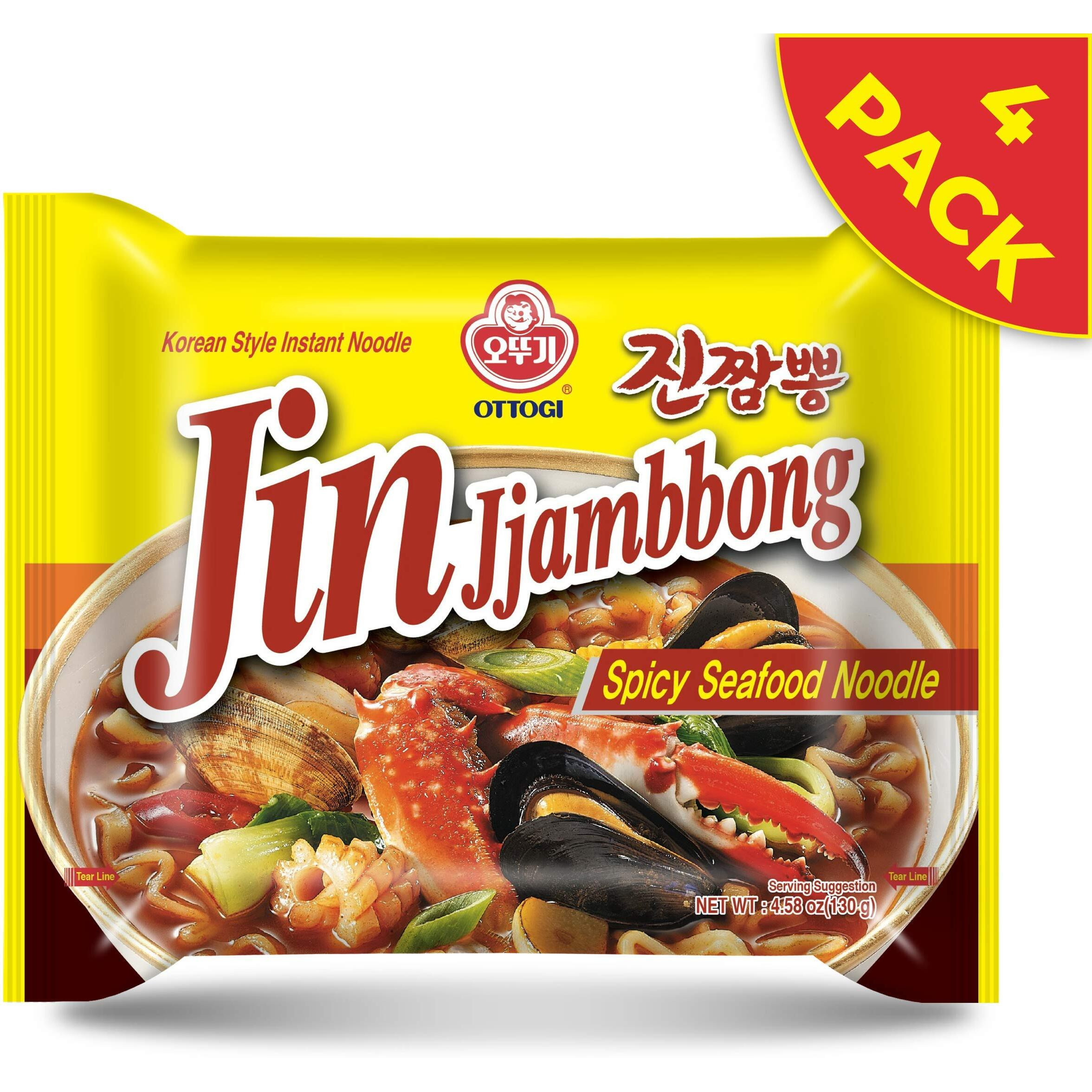 Ottogi Jin Jjamppong, Korean Style Spicy Seafood Ramen Instant Noodle, 4 Pack X 4.58Oz