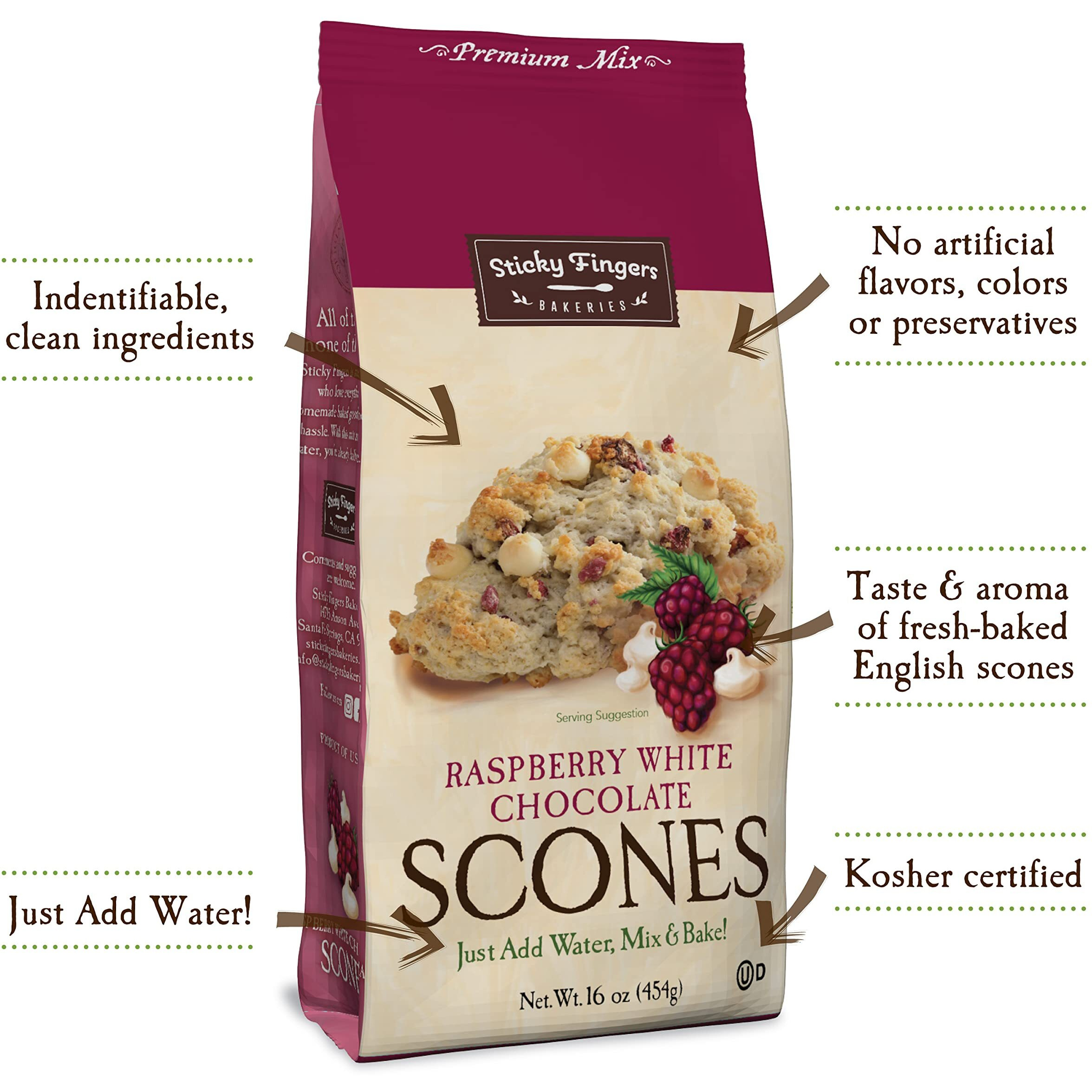 English Scone Mix, Raspberry White Chocolate By Sticky Fingers Bakeries - Easy To Make English Scones Fresh Baked, Makes 12 Scones (1Pk)