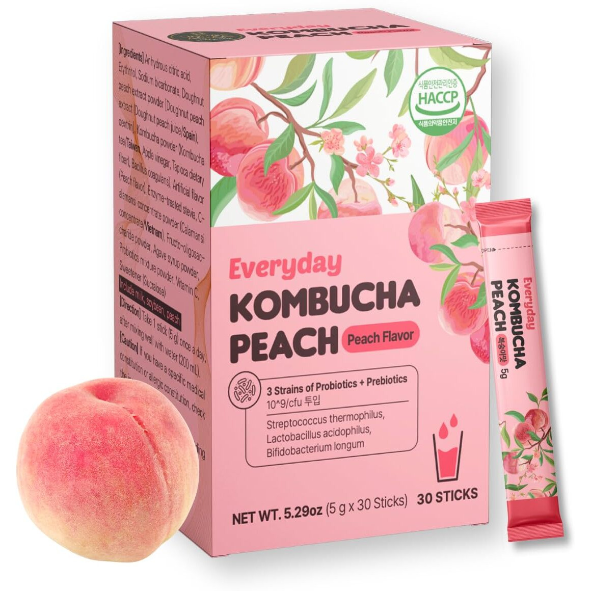 Everyday Kombucha Tea, Powder Probiotics, Prebiotics, Sugar-Free, Black Tea, Healthy Drink - Peach Flavor (Peach 30 Pack)