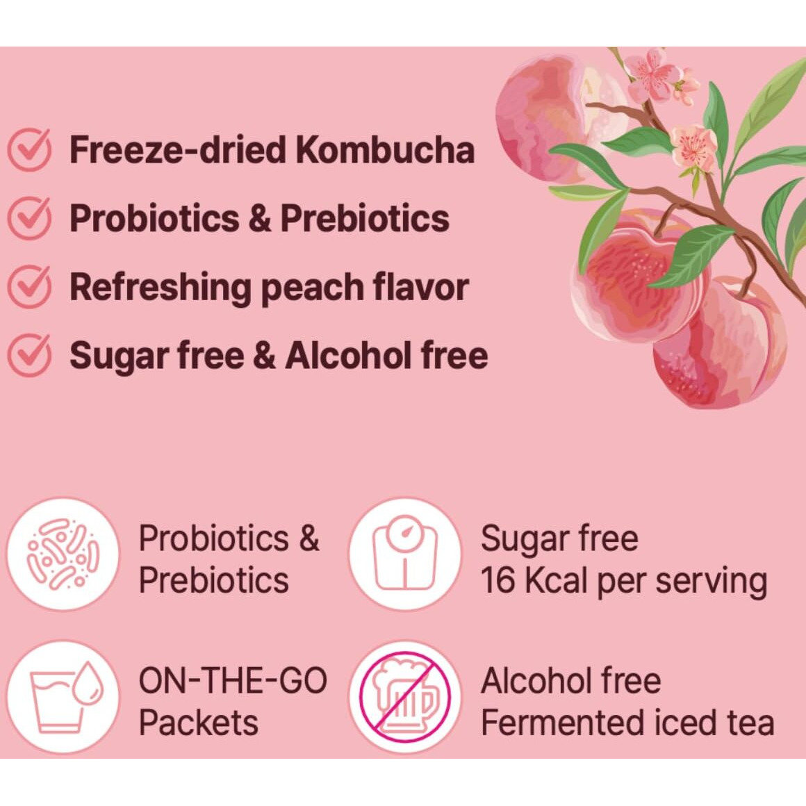 Everyday Kombucha Tea, Powder Probiotics, Prebiotics, Sugar-Free, Black Tea, Healthy Drink - Peach Flavor (Peach 30 Pack)