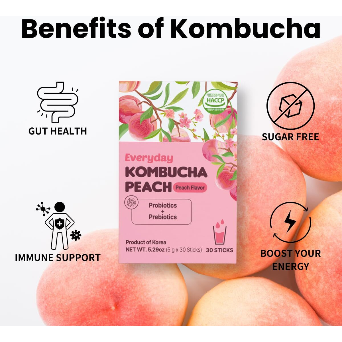 Everyday Kombucha Tea, Powder Probiotics, Prebiotics, Sugar-Free, Black Tea, Healthy Drink - Peach Flavor (Peach 30 Pack)