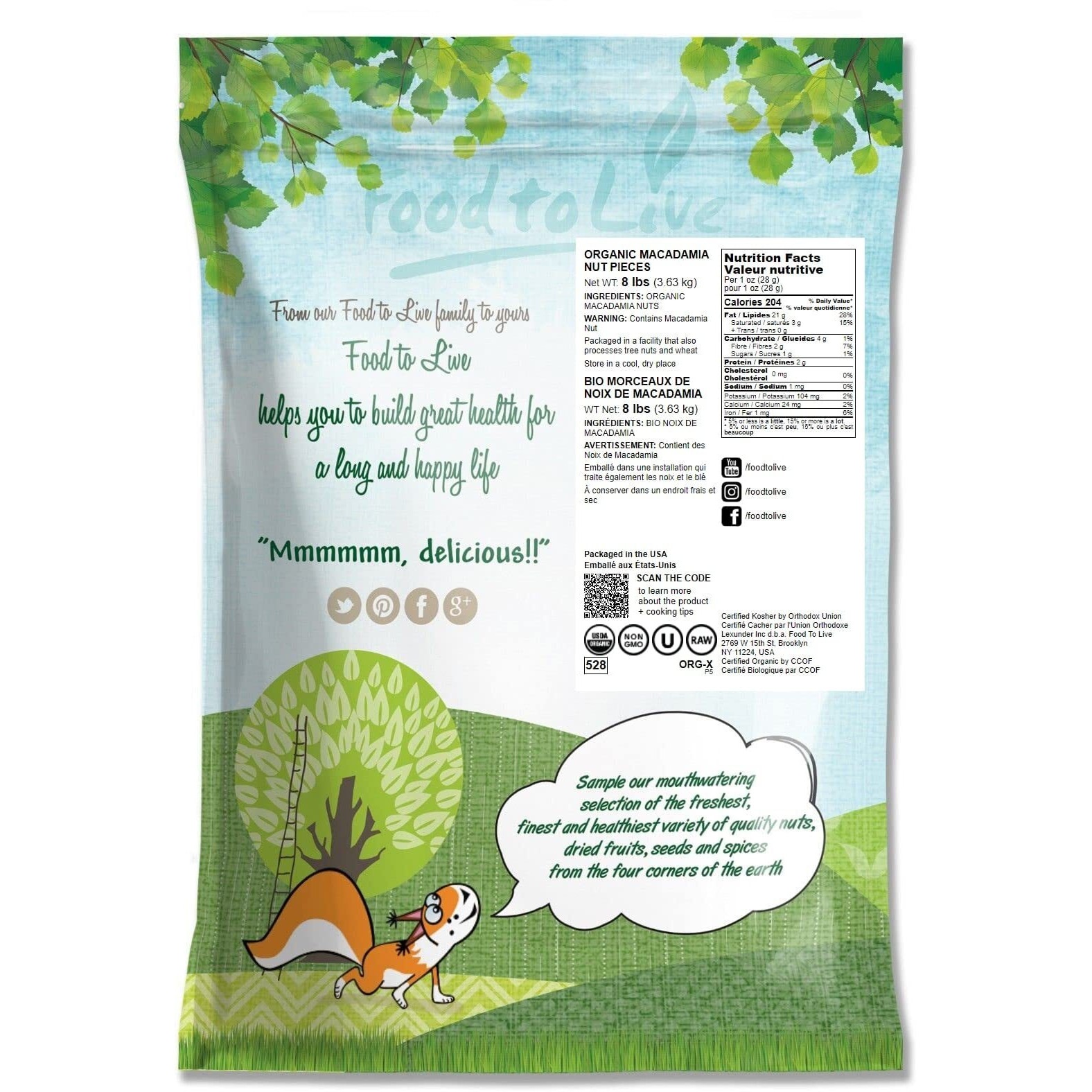 Food To Live Organic Macadamia Nut Halves And Pieces, 8 Pounds - Non-Gmo, Raw, Shelled, Unsalted, Kosher, Vegan, Bulk. Keto Snack. Source Of Healthy Fats. Topping For Salad, Yogurt, Cereal, Dessert.