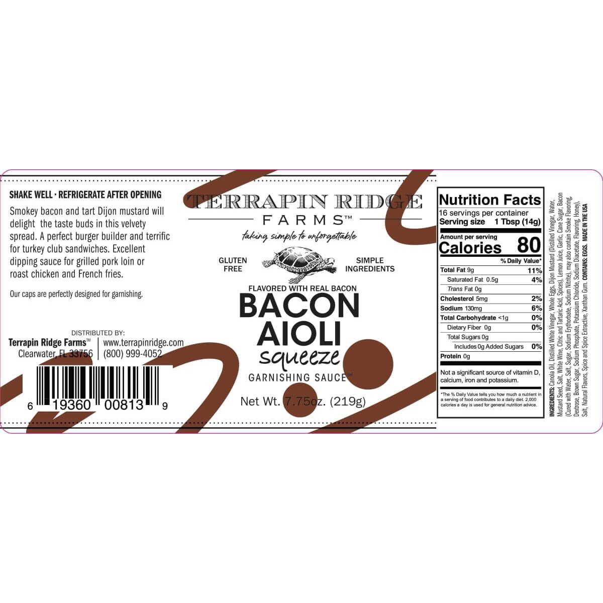 Terrapin Ridge Farms Bacon Aioli - One 7.75 Ounce Squeeze Bottle