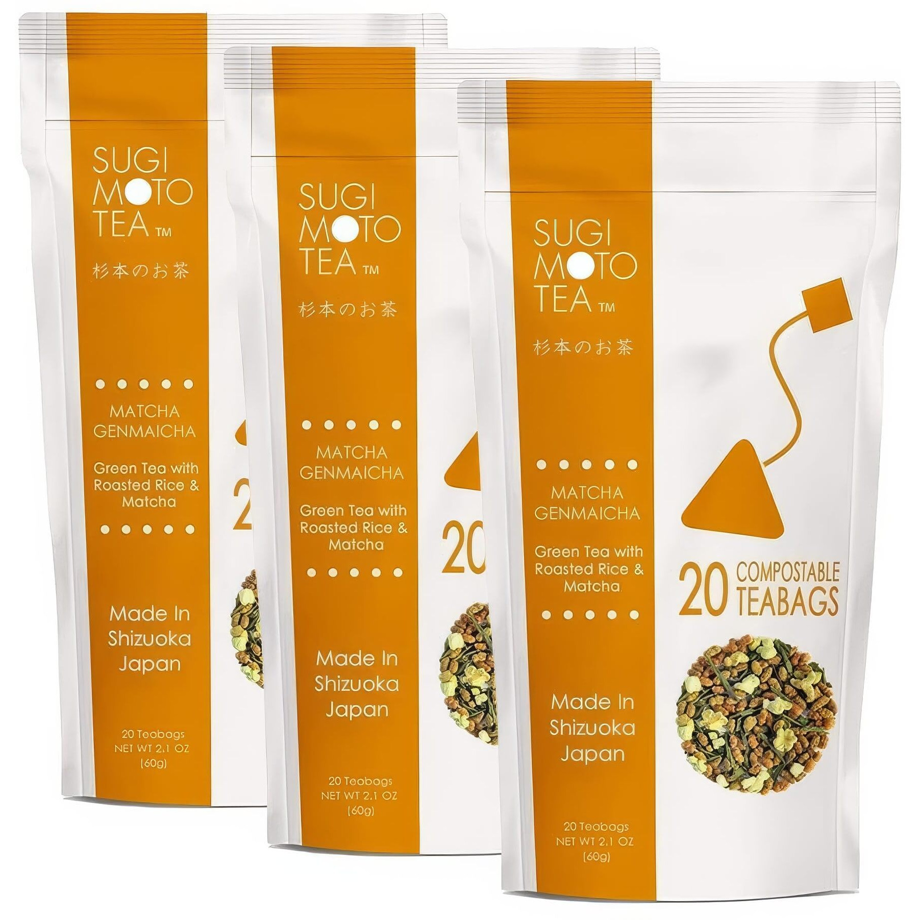 Sugimoto Tea Japanese Matcha Genmaicha Tea Bags 20 Count Pack Of 3, Matcha And Roasted Rice Green Tea Blend Made In Shizuoka Japan