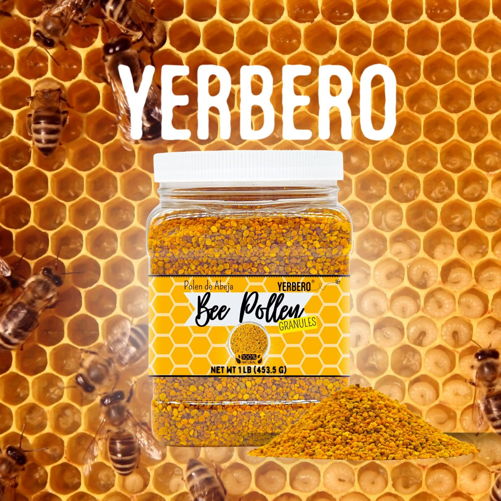 Yerbero - Premium Bee Pollen Granules 1 Lb (16Oz) | 100% Natural Pure Honey Bee Pollen Raw Sweet Rich Flavor | Polen De Abeja 100% Natural