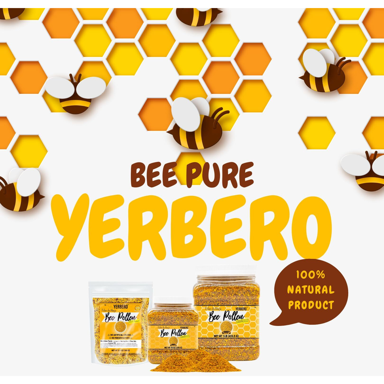 Yerbero - Premium Bee Pollen Granules 1 Lb (16Oz) | 100% Natural Pure Honey Bee Pollen Raw Sweet Rich Flavor | Polen De Abeja 100% Natural