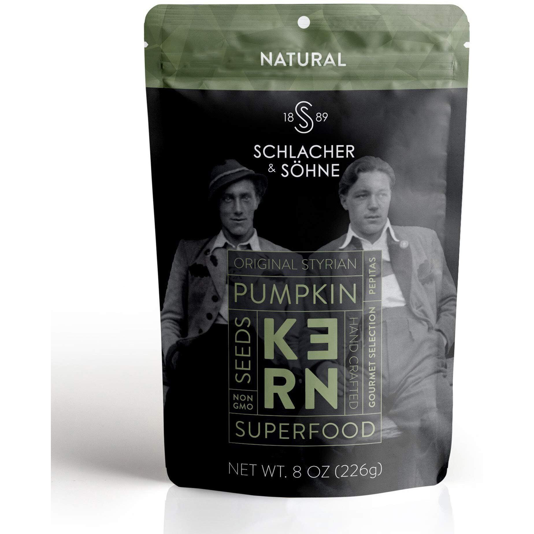 Schlacher & Shne Styrian Pumpkin Seeds, 100% Pure & Natural, Premium Quality Pepitas, Healthy Snacks, Raw, Fresh Superfood, Unsalted, Full Of Proteins, Made In Austria (Natural Seeds, 8 Ounce)