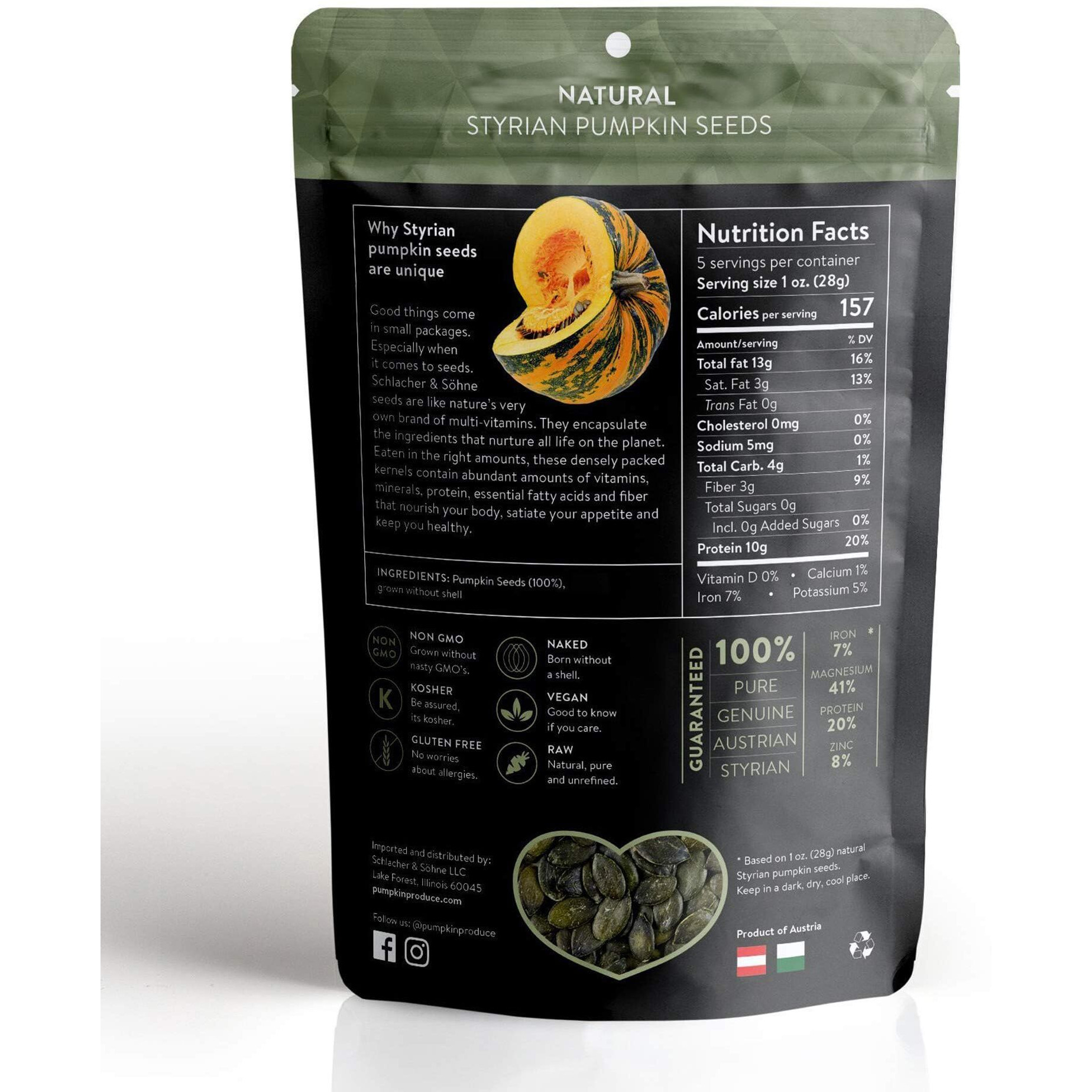 Schlacher & Shne Styrian Pumpkin Seeds, 100% Pure & Natural, Premium Quality Pepitas, Healthy Snacks, Raw, Fresh Superfood, Unsalted, Full Of Proteins, Made In Austria (Natural Seeds, 8 Ounce)