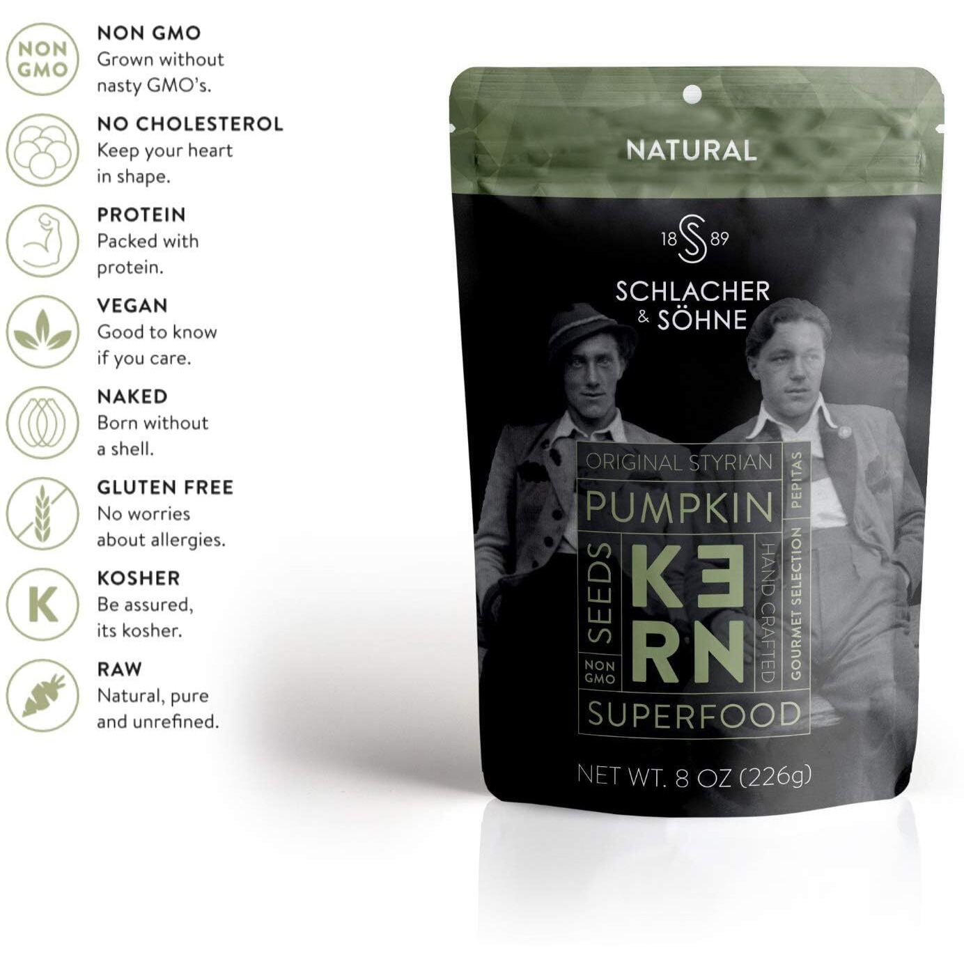 Schlacher & Shne Styrian Pumpkin Seeds, 100% Pure & Natural, Premium Quality Pepitas, Healthy Snacks, Raw, Fresh Superfood, Unsalted, Full Of Proteins, Made In Austria (Natural Seeds, 8 Ounce)