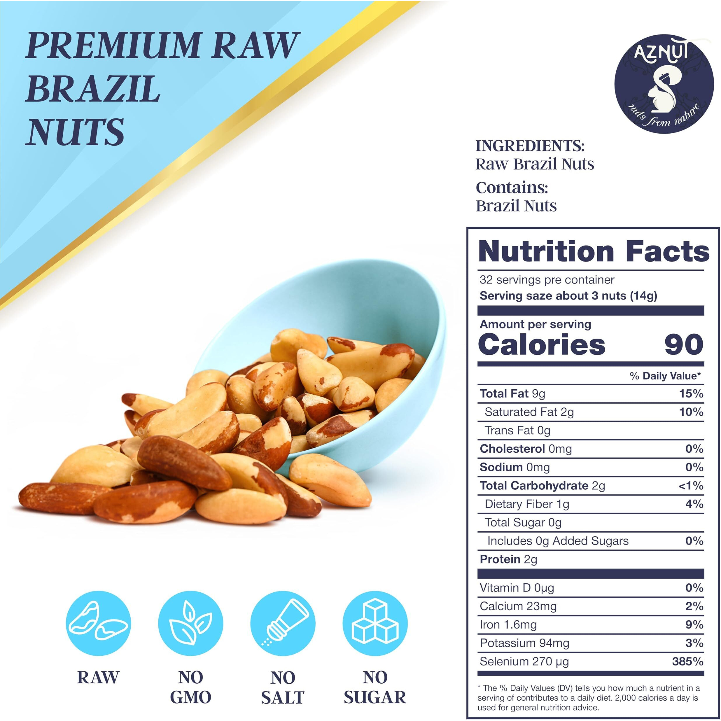 Aznut Brazil Nuts, Compare To Organic, Raw Shelled, Gluten Free And Vegan, 100% Natural Premium Quality Super Food, Fresh And Crunchy, Kosher Certified (Raw, 2 Lb)
