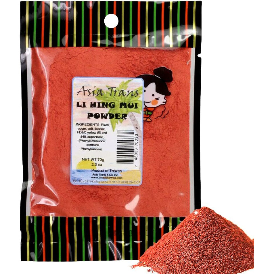 Authentic Red Li Hing Mui Powder - Flavor Fresh Fruit, Candy, Shave Ice Or Cocktail Drinks - Sweet, Sour & Salted Dried Plum Powder - Famous Asian Hawaiian Snack - 2.5 Ounce