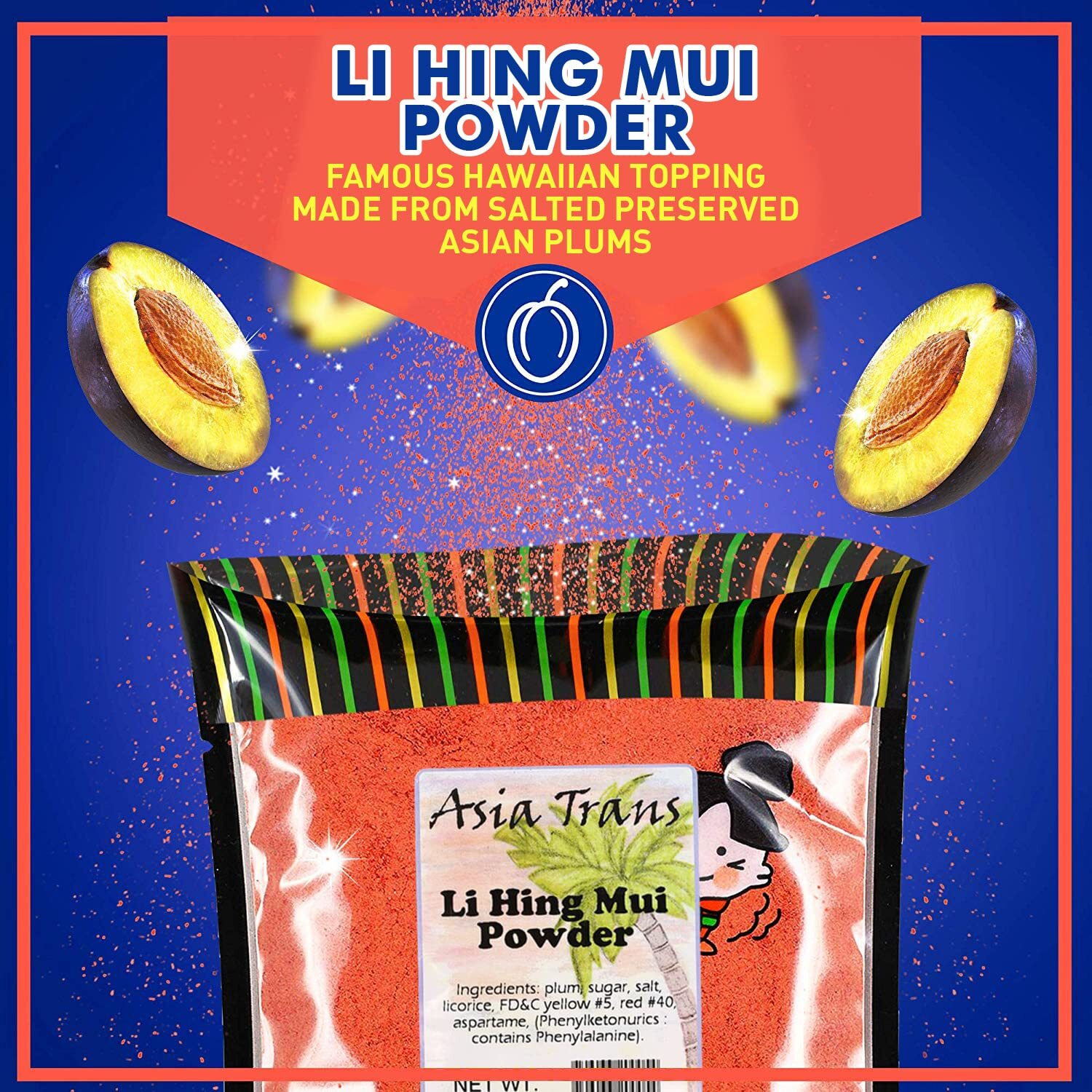 Authentic Red Li Hing Mui Powder - Flavor Fresh Fruit, Candy, Shave Ice Or Cocktail Drinks - Sweet, Sour & Salted Dried Plum Powder - Famous Asian Hawaiian Snack - 2.5 Ounce