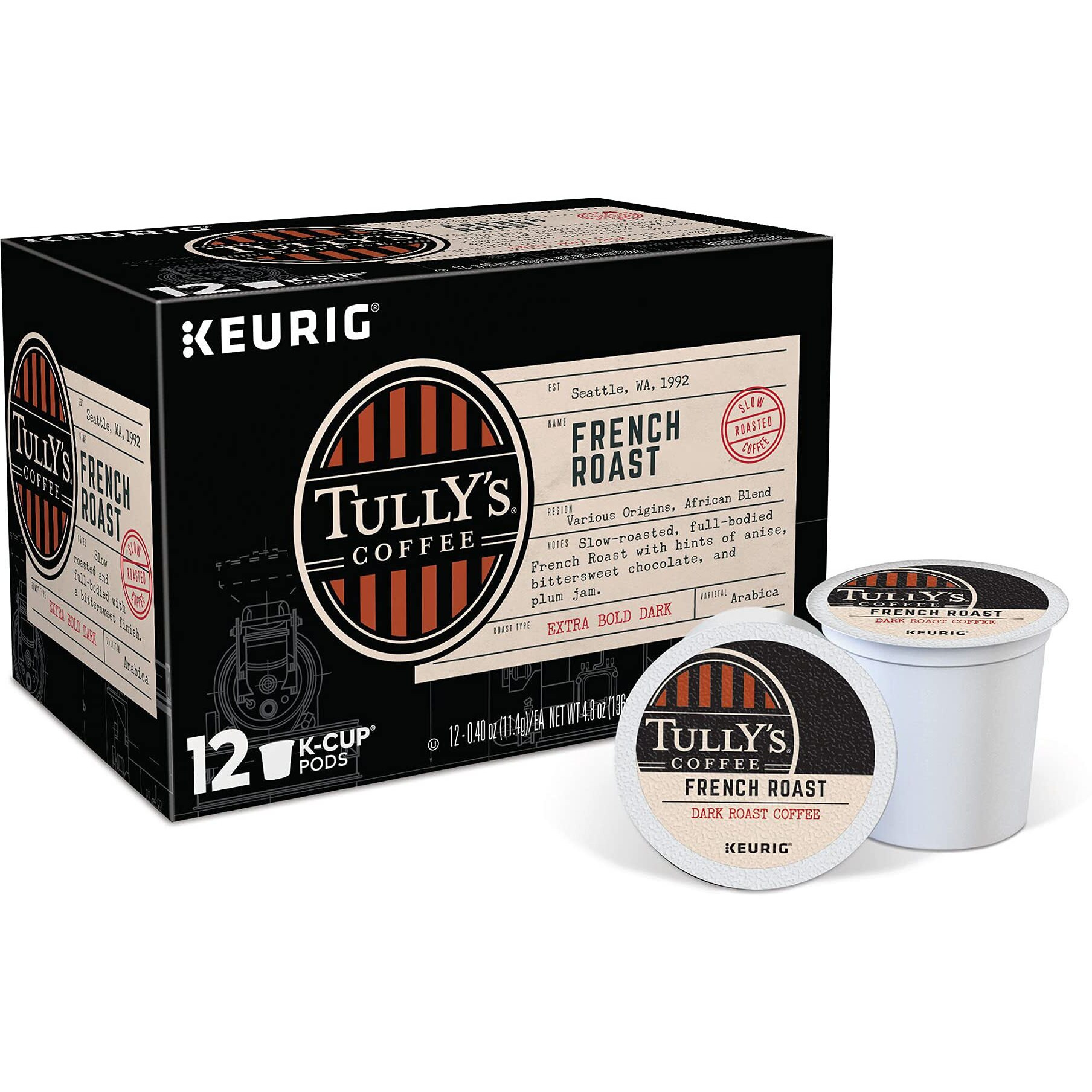 Tully's Coffee French Roast Keurig Single-Serve K-Cup Pods, Extra Bold Dark , 12 Count
