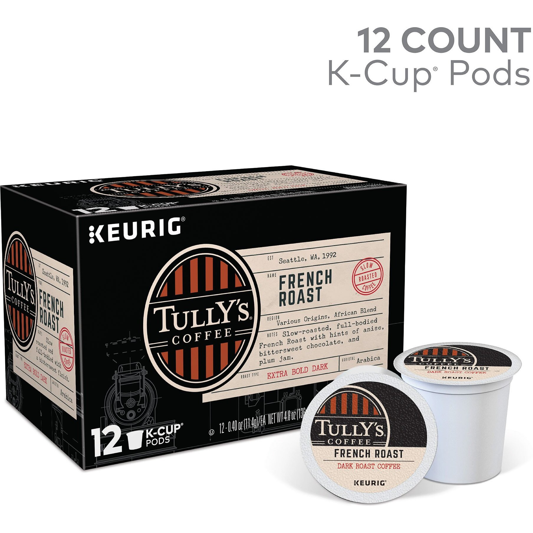Tully's Coffee French Roast Keurig Single-Serve K-Cup Pods, Extra Bold Dark , 12 Count