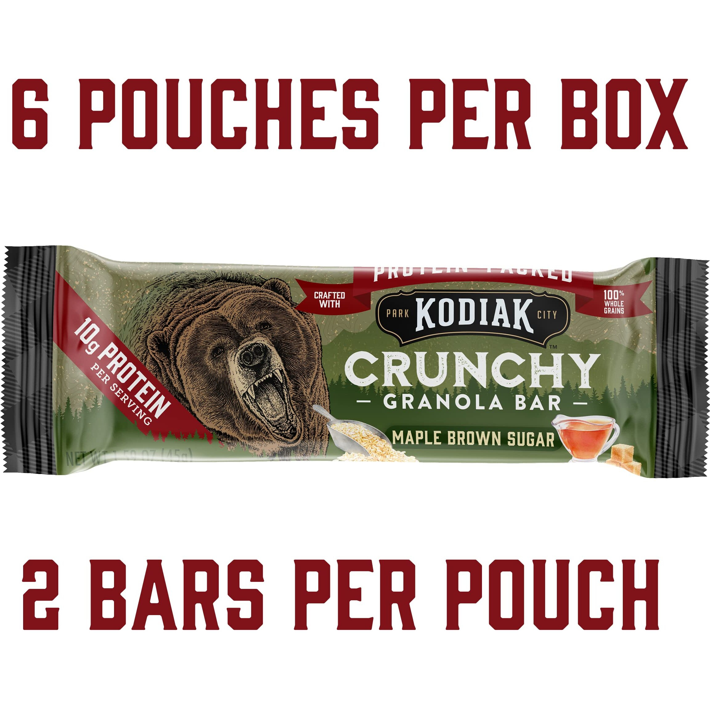 Kodiak Crunchy Granola Snack Bars, Maple Brown Sugar, High Protein, 100% Whole Grains, 1 Box With 6 Pouches (12 Bars)