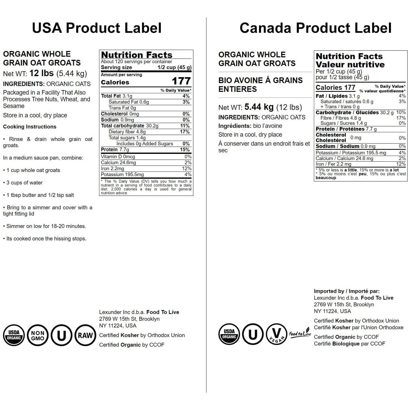 Food To Live Organic Oat Groats, 12 Pounds - 100% Whole Grain, Non-Gmo Seeds, Kosher, Raw, Non-Irradiated, Vegan, Bulk, Low Glycemic, Rich In Protein, Fiber, Copper And Manganese