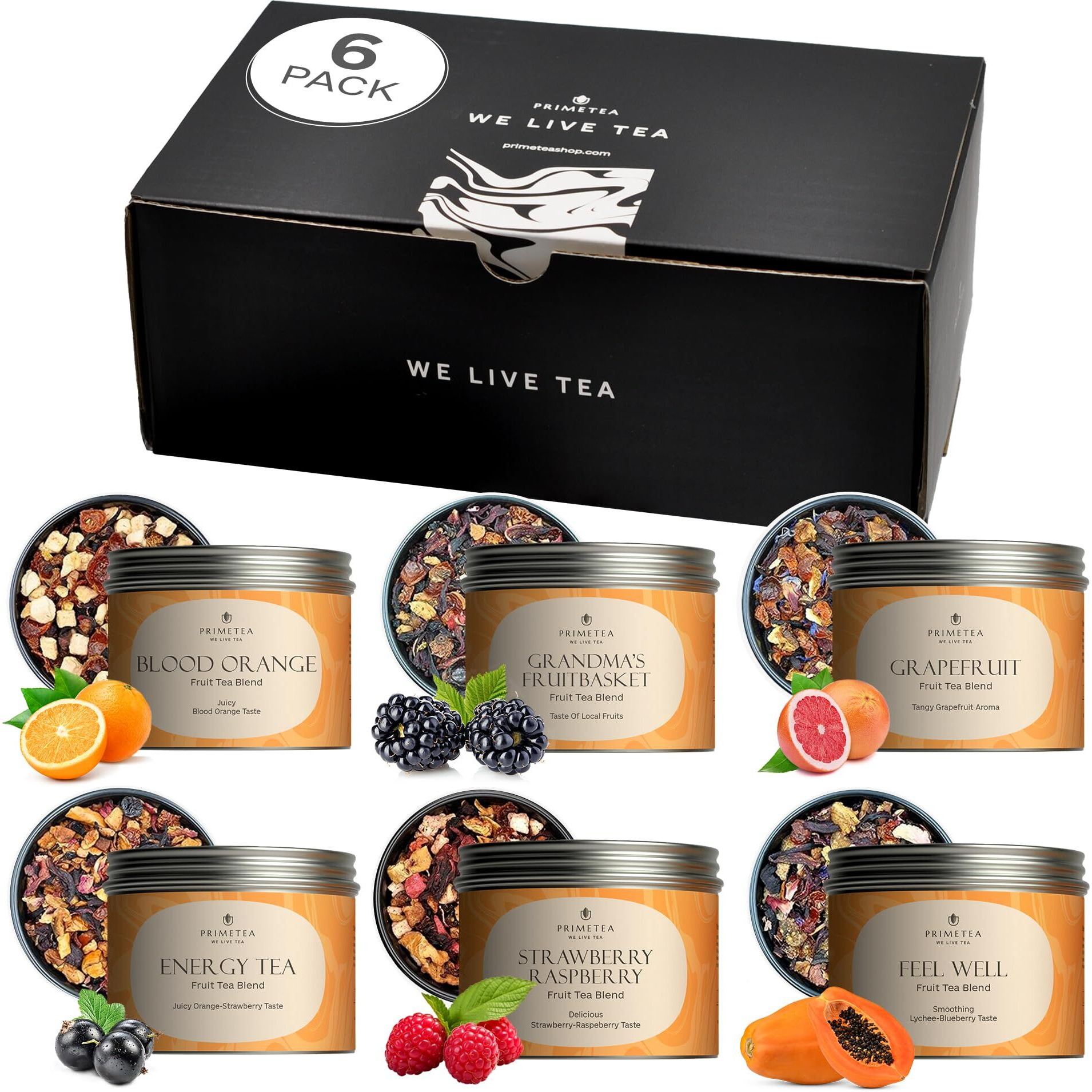 Prime Tea - Fruit Tea Sampler Set - Assorted Variety Fruit Tea Box With Herbal, Fruit And Spices Loose Leaf Tea Blends, Flavorful Assortment - 6 Samplers - Vibrant Vitality Collection - 10 Ounce