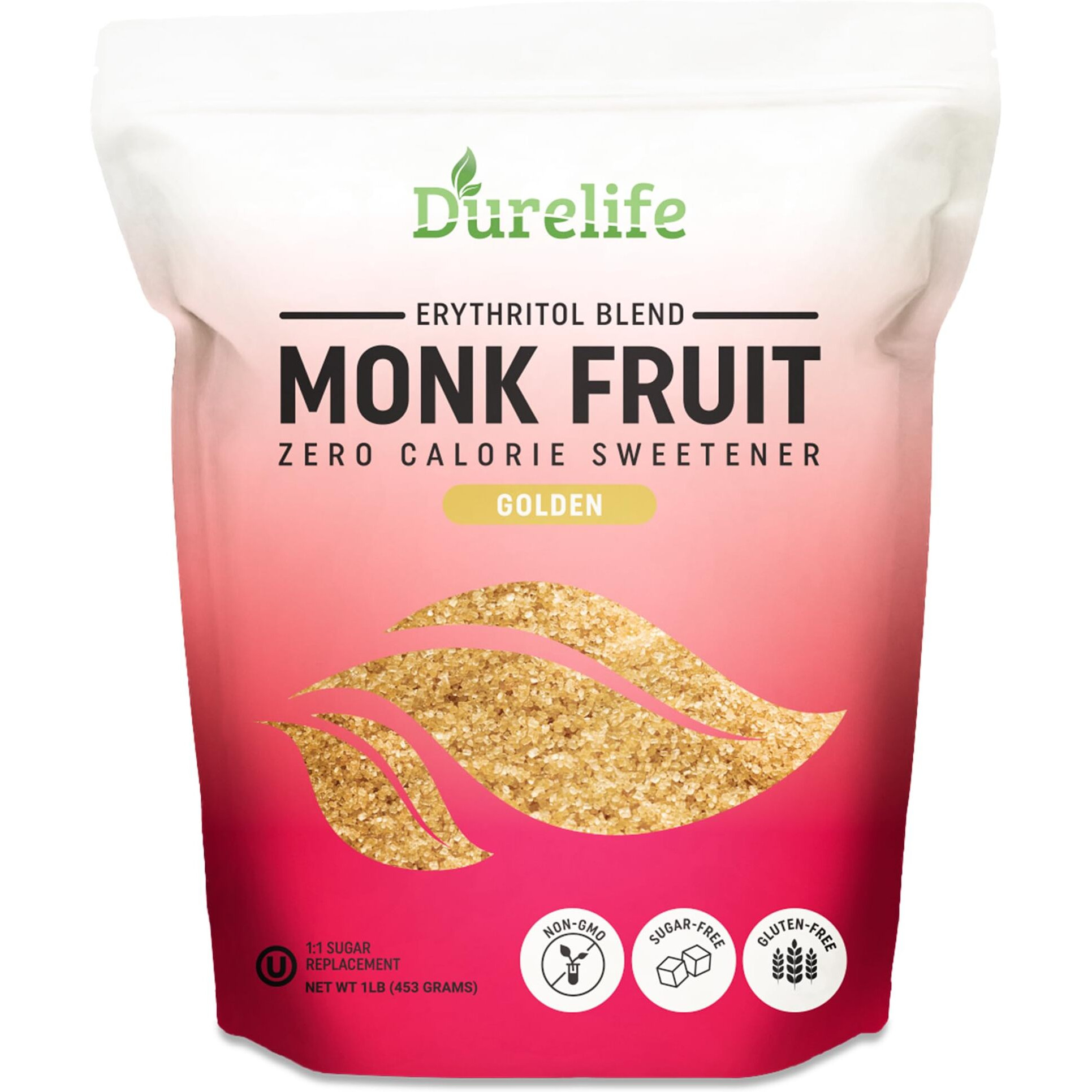 Durelife Golden Monk Fruit Sweetener, 11 Sugar Replacement, Keto Diet Friendly, Zero Calorie, Kosher Sugar Substitute, Golden - 1 Lb (Packaging May Vary)