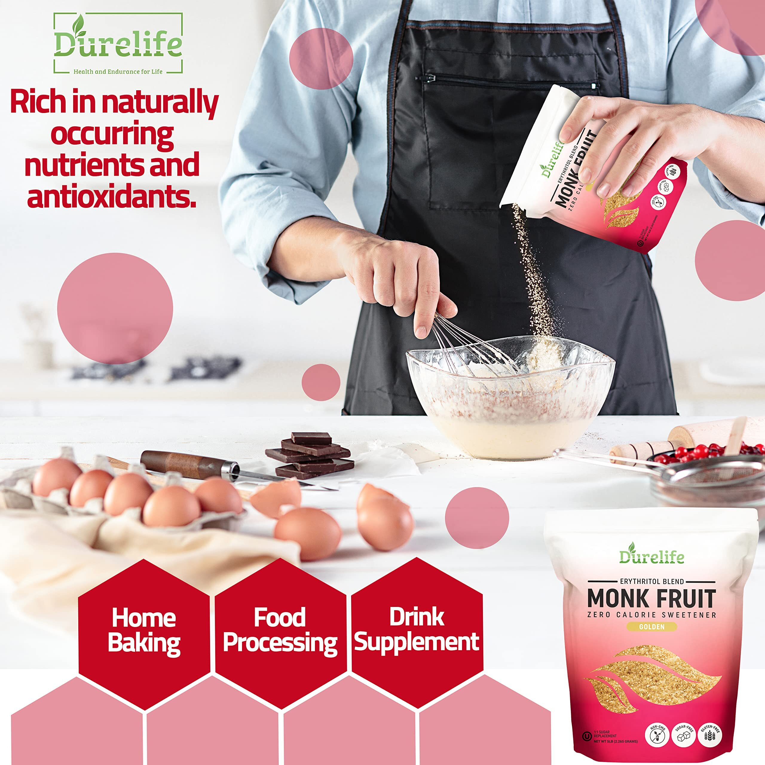 Durelife Golden Monk Fruit Sweetener, 11 Sugar Replacement, Keto Diet Friendly, Zero Calorie, Kosher Sugar Substitute, Golden - 1 Lb (Packaging May Vary)
