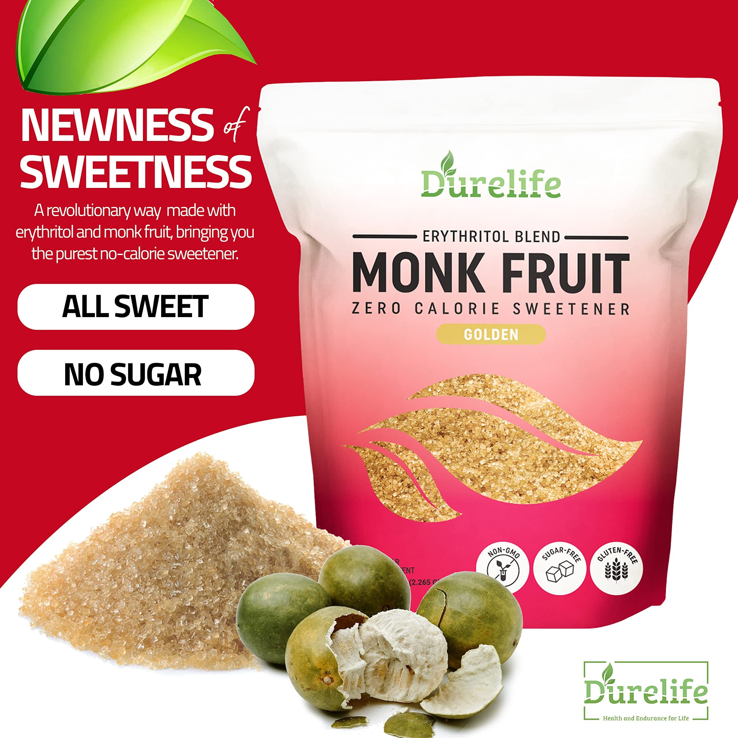 Durelife Golden Monk Fruit Sweetener, 11 Sugar Replacement, Keto Diet Friendly, Zero Calorie, Kosher Sugar Substitute, Golden - 1 Lb (Packaging May Vary)