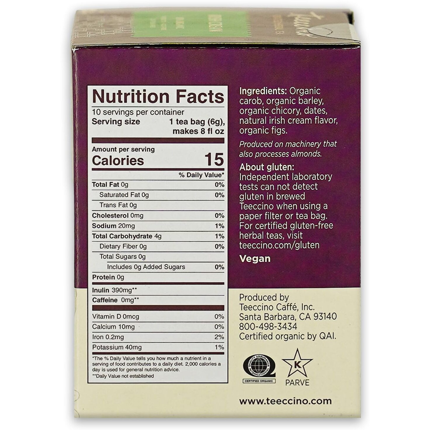 Teeccino Irish Cream Herbal Tea, Rich & Roasted Herbal Tea Thats Caffeine Free & Prebiotic For Natural Energy, 10 Tea Bags