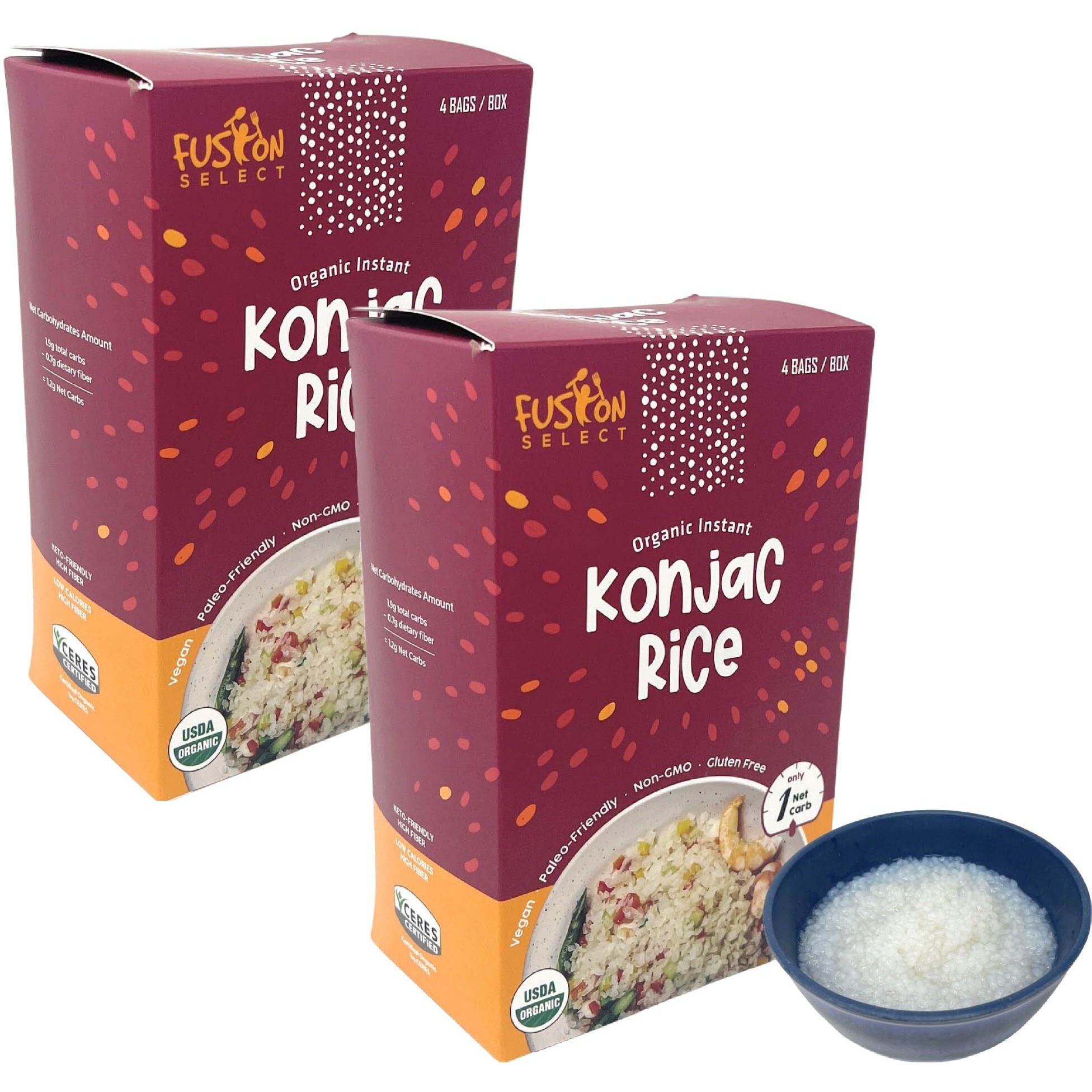 Fusion Select 8 Packs Organic Konjac Noodles - Shirataki Rice Plant-Based Substitute - Vegan Konjac Rice For Vegetarian, Keto, Paleo Recipes - Zero Gluten, Low Carb, Low Calorie Shirataki Konjac Rice