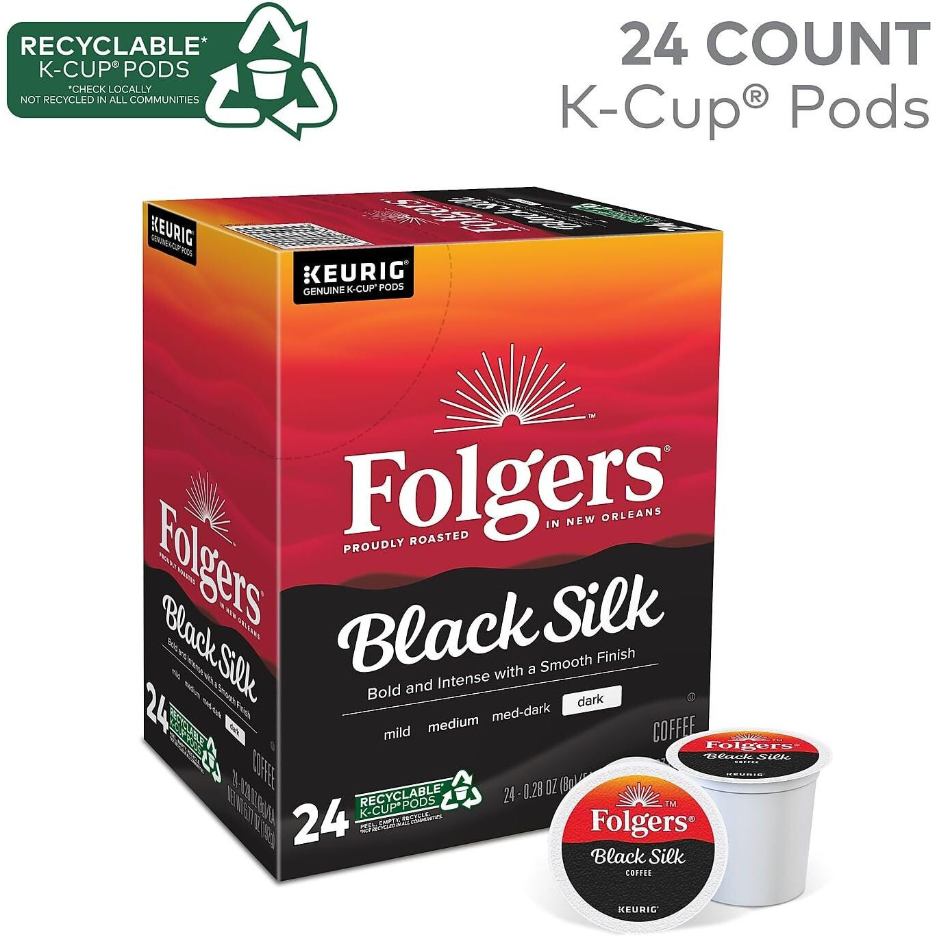 Folgers Single-Serve Coffee K-Cup Pods, Black Silk, Carton Of 24