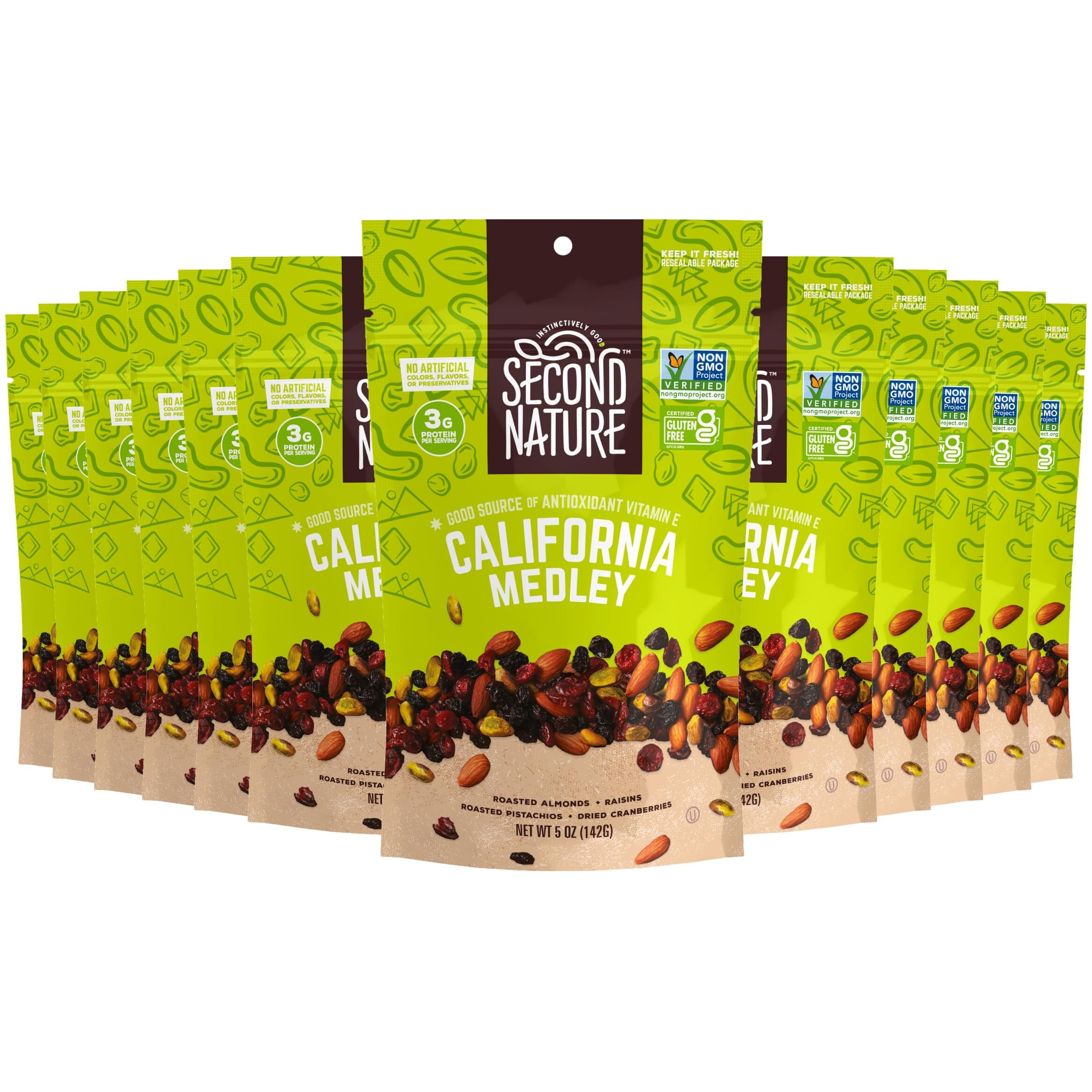 Second Nature California Medley Trail Mix - 5 Oz Resealable Snack Pouches (Pack Of 12) - Certified Gluten-Free Snack, Nut Trail Mix To Satisfy Hunger