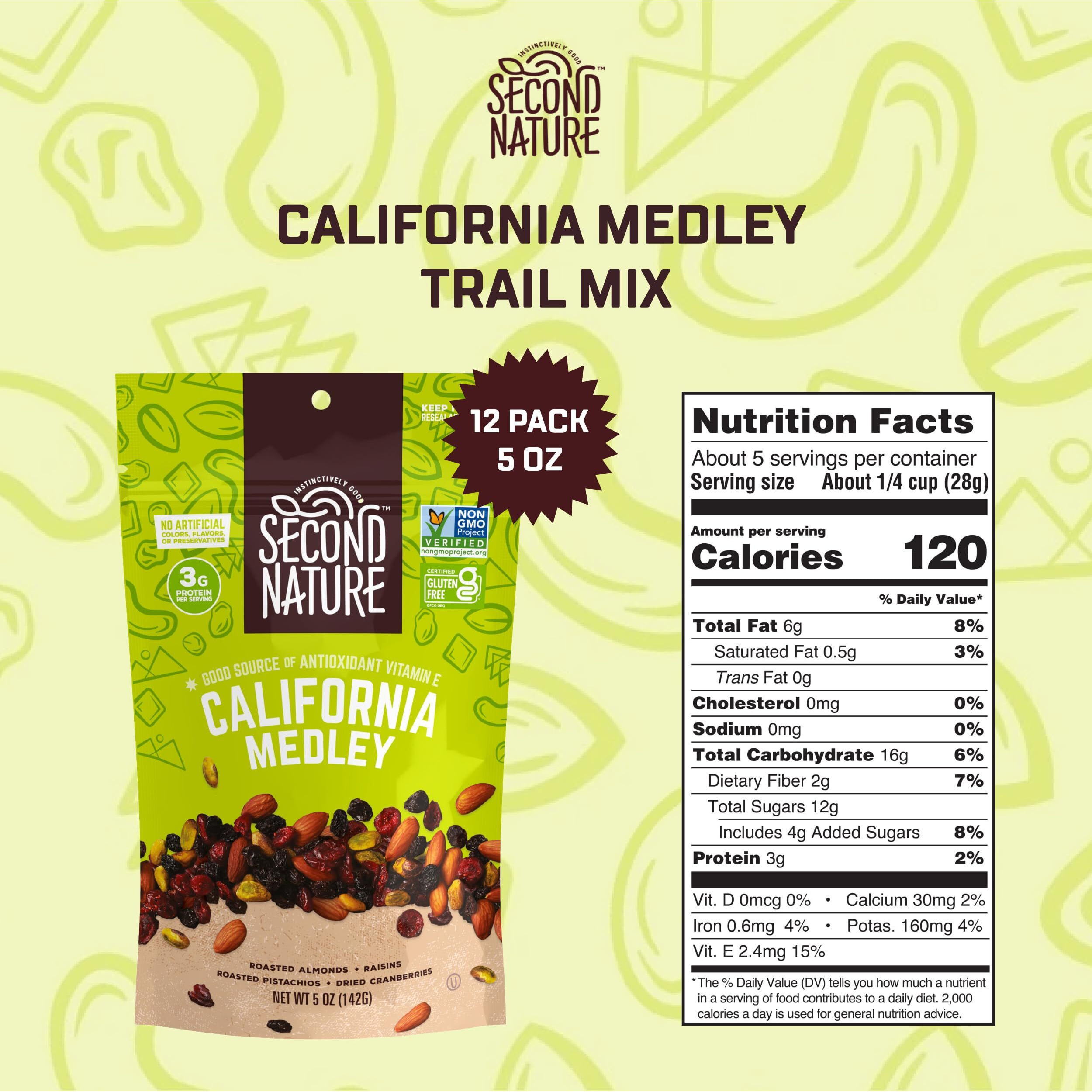 Second Nature California Medley Trail Mix - 5 Oz Resealable Snack Pouches (Pack Of 12) - Certified Gluten-Free Snack, Nut Trail Mix To Satisfy Hunger