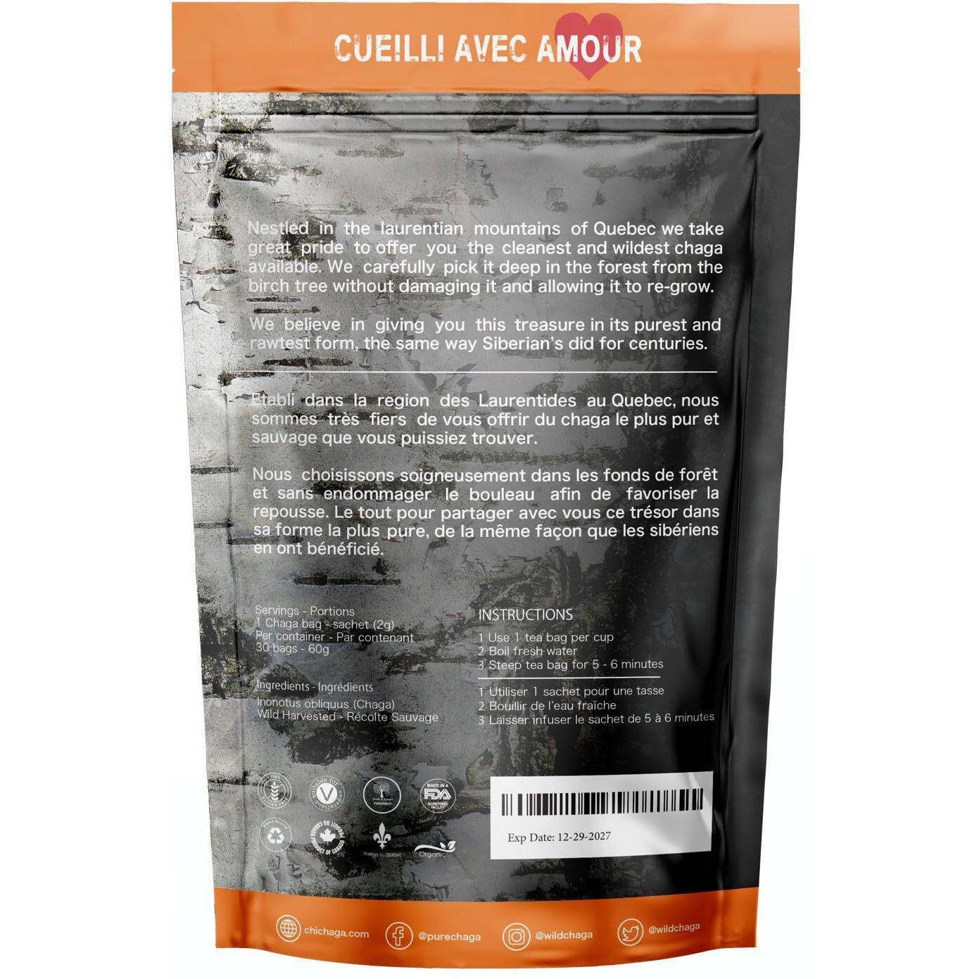 Premium Chaga Mushroom - 30 Tea Bags Of 100% Wild Harvested Canadian Chaga Tea