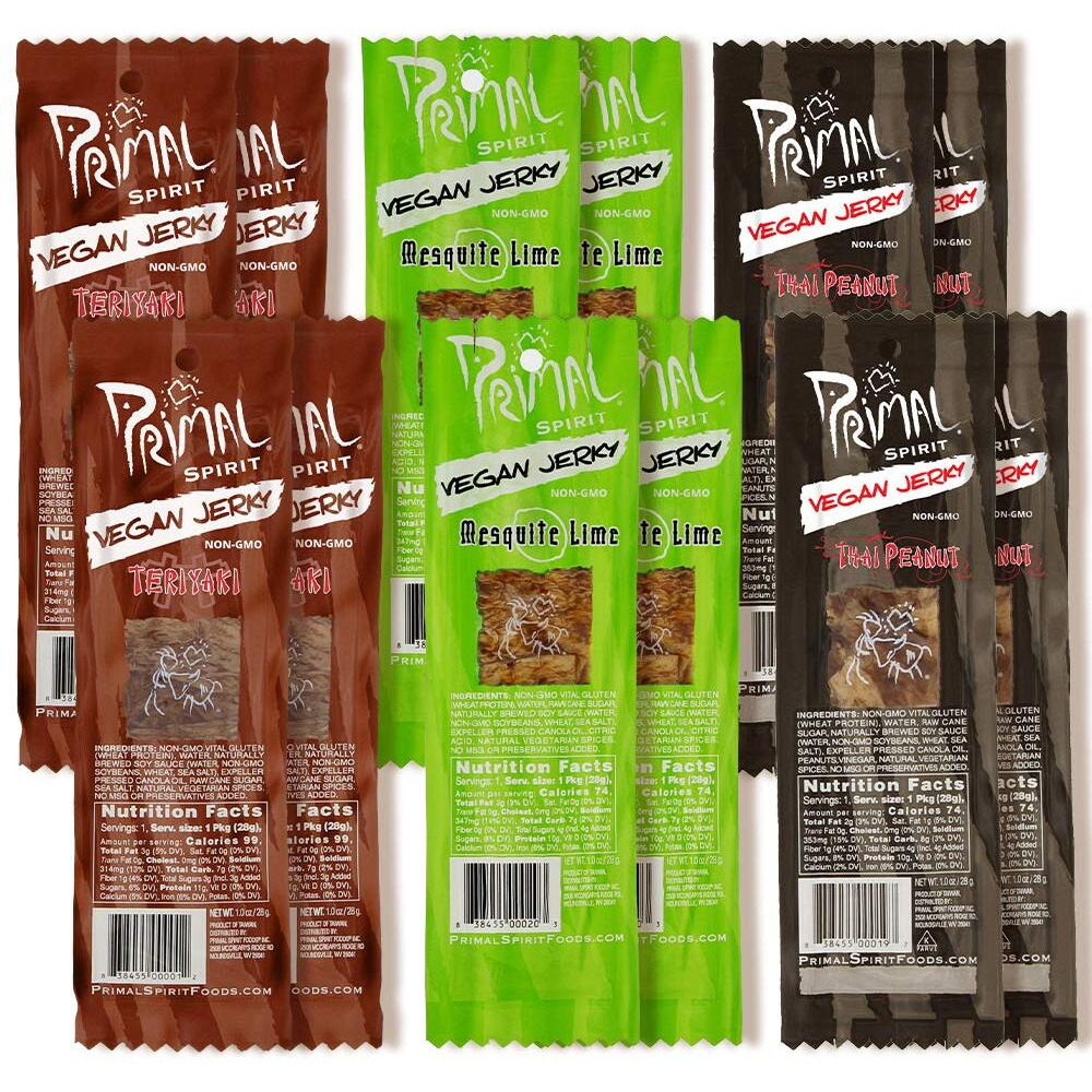 Primal Spirit Vegan Jerky - Seitan Power Pack, 10 G. Plant Based Protein, Certified Non-Gmo, No Preservatives ("&quotThe Classics"" Teriyaki, Thai Peanut, And Mesquite Lime, 12-Pack, 1 Oz)