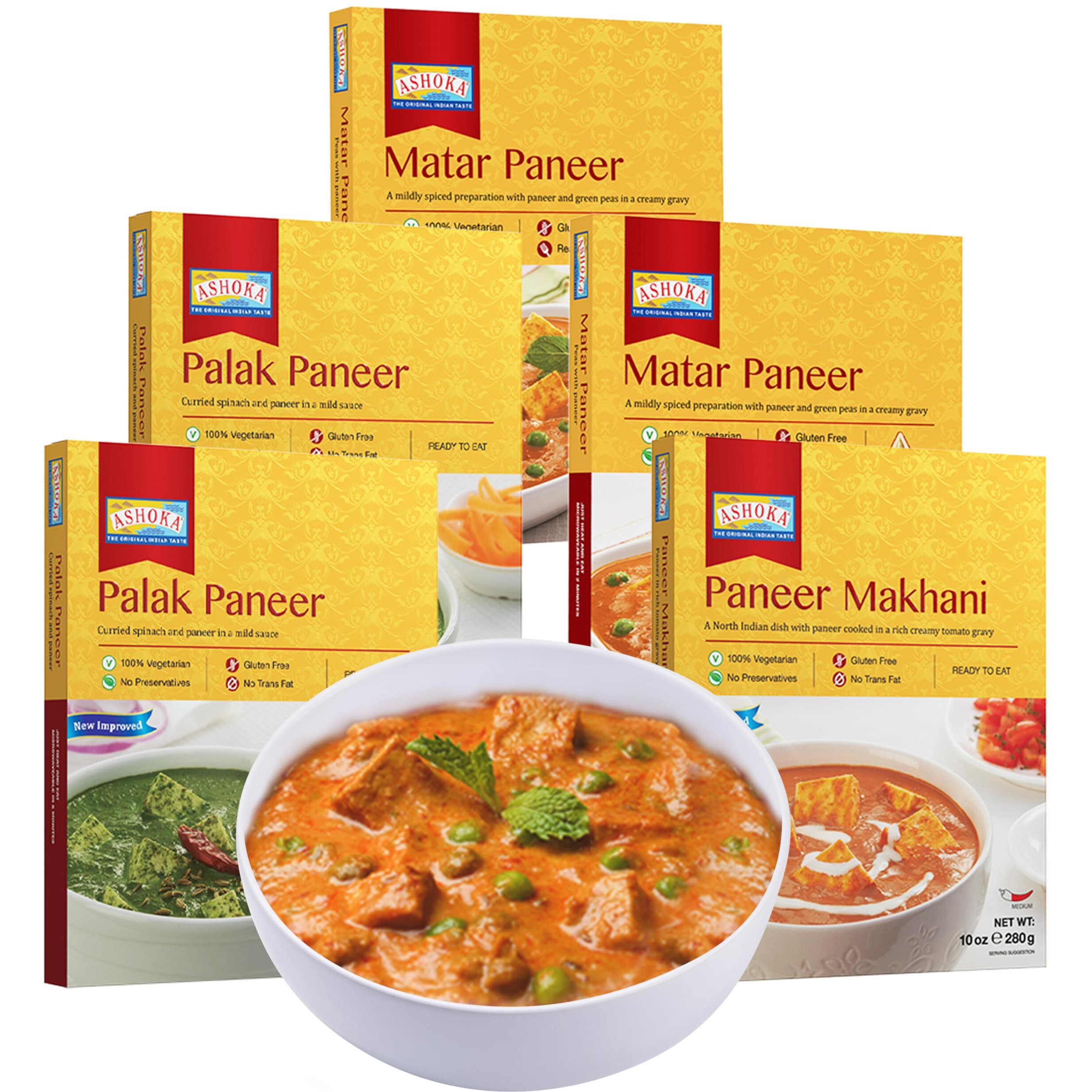 Ashoka Heat & Eat Meals 1932, All-Natural Vegetarian Meal Kit, Cheese Entrees, Kosher Certified Curry Assortment, Authentic Indian Food, Great For Outdoors, Gluten-Free, No Preservatives, Pack Of 5