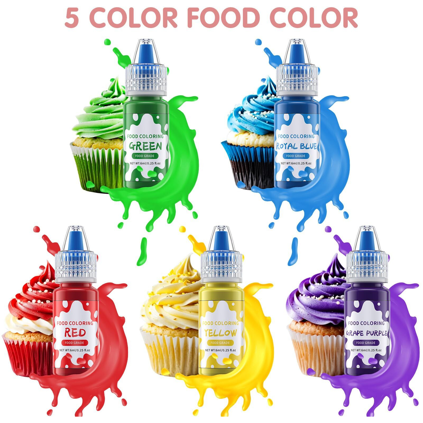 Food Coloring Liquid - 5 Food Grade Vibrant Colors Food Coloring Liquid Set, Food Dye Color For Baking, Icing, Cookie, Cake Decorating, Easter Egg, Diy Making Supplies Kit (0.25 Fl Oz (Pack Of 5))
