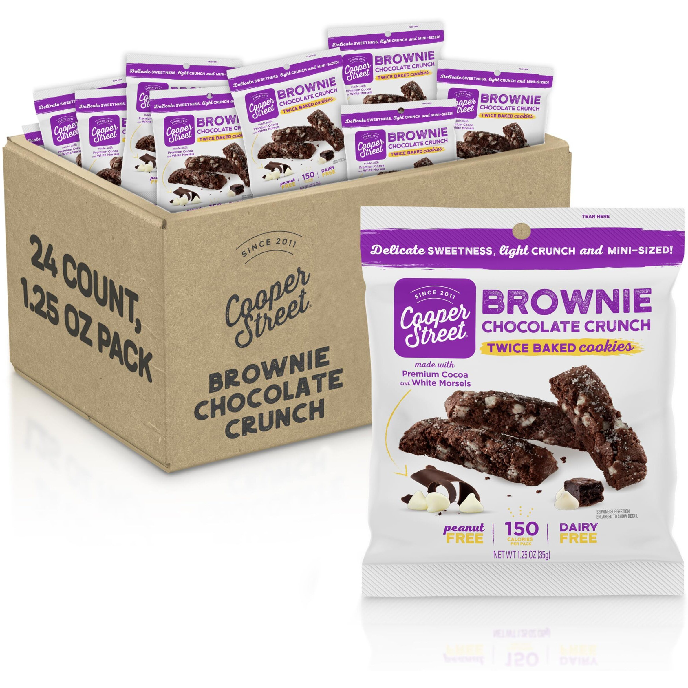 Cooper Street Italian Biscotti Cookies - Twice Baked Biscotti Style Cookie Biscuits In Delicious Brownie Chocolate Crunch | Crispy, Light And Healthy Cookies | Peanut & Dairy Free | 1.25Oz - 24 Pack