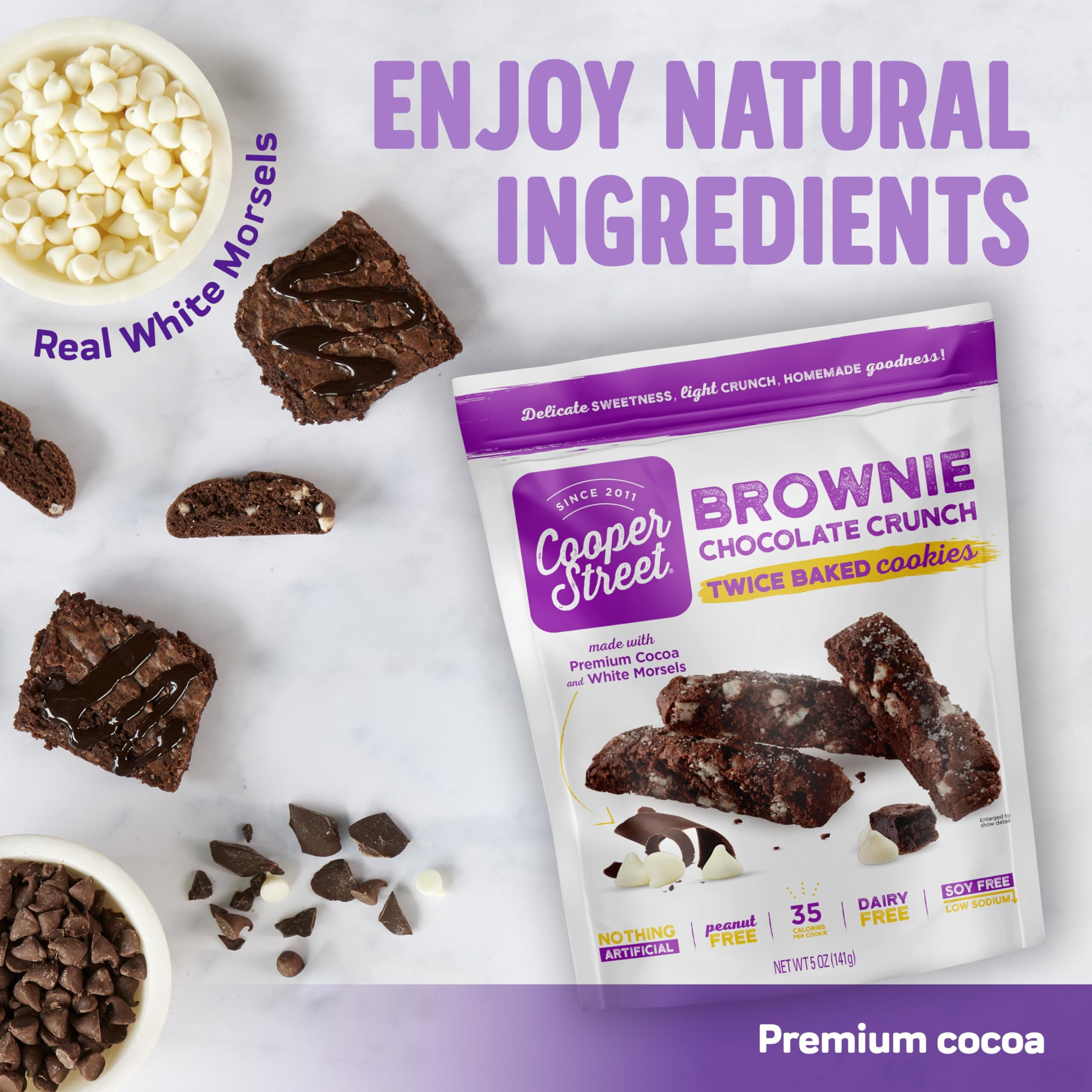 Cooper Street Italian Biscotti Cookies - Twice Baked Biscotti Style Cookie Biscuits In Delicious Brownie Chocolate Crunch | Crispy, Light And Healthy Cookies | Peanut & Dairy Free | 1.25Oz - 24 Pack