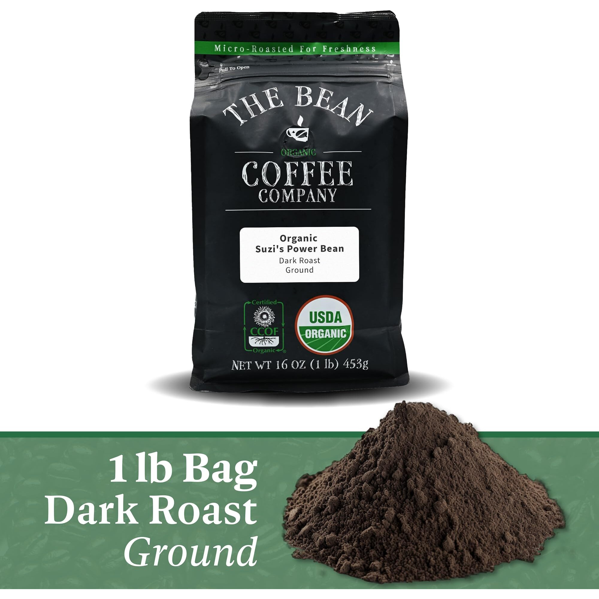 The Bean Organic Coffee Company Suzi's Power Bean, Dark Roast, Ground Coffee, 16-Ounce Bag, Caf   Molido Tostado Org  Nico