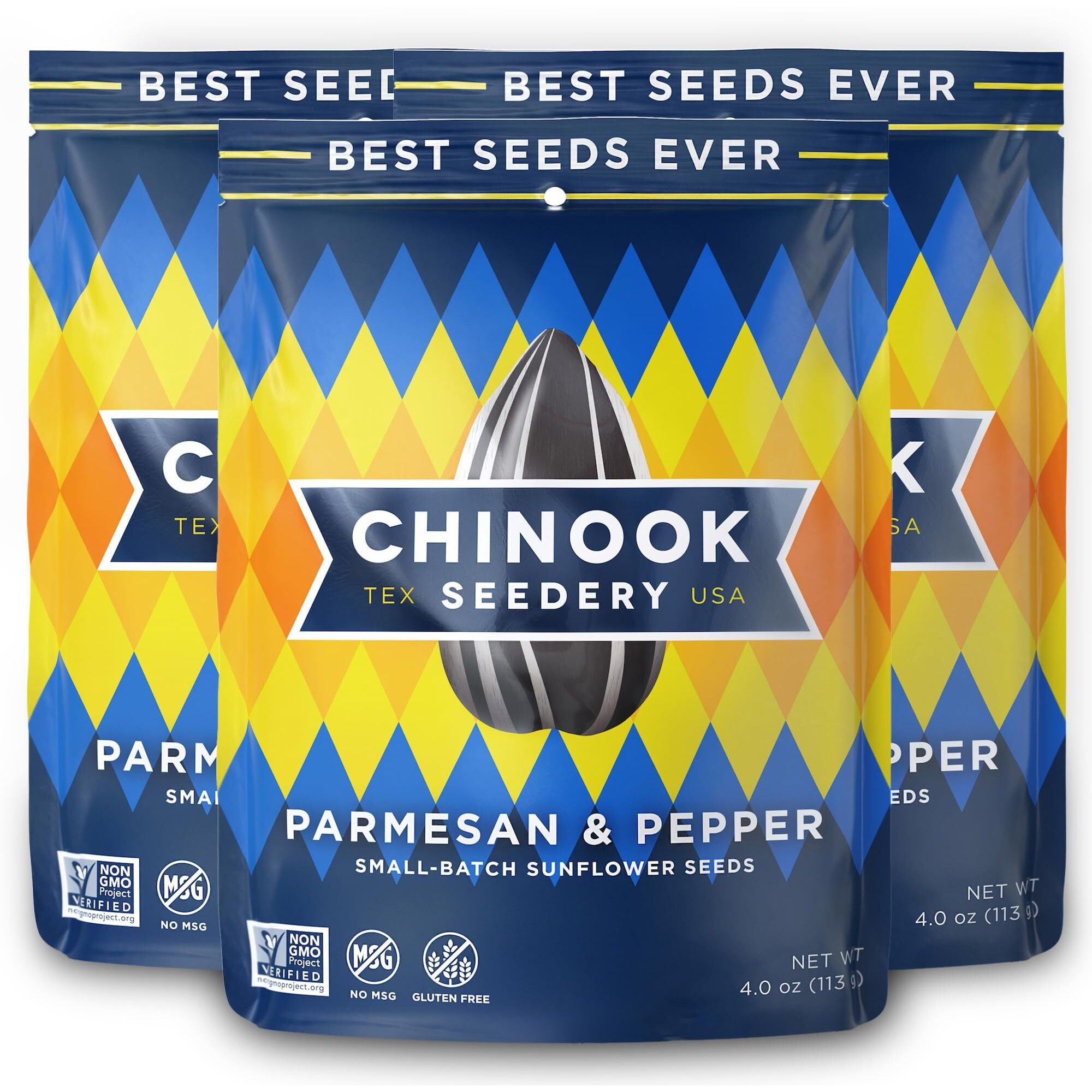 Chinook Seedery Roasted Sunflower Seeds - Jumbo Seeds Keto Snacks - Best For Snack Packs - Gluten Free, Non Gmo Snack Food Gifts - 4 Ounce (Pack Of 3) - Parmesan & Pepper Flavor Pack
