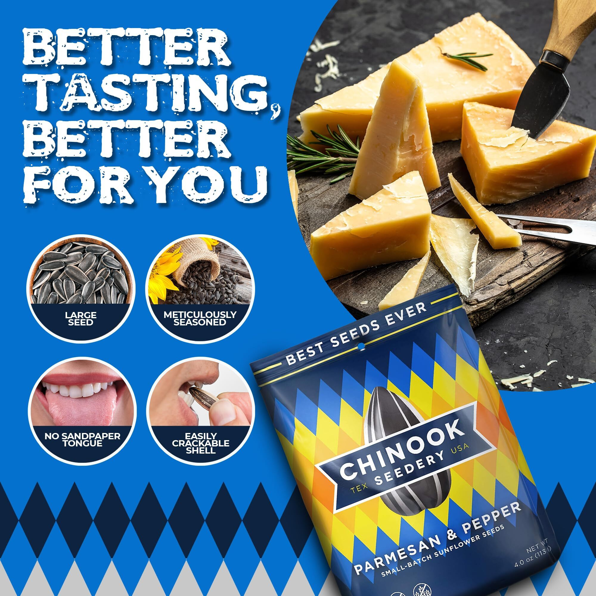 Chinook Seedery Roasted Sunflower Seeds - Jumbo Seeds Keto Snacks - Best For Snack Packs - Gluten Free, Non Gmo Snack Food Gifts - 4 Ounce (Pack Of 3) - Parmesan & Pepper Flavor Pack