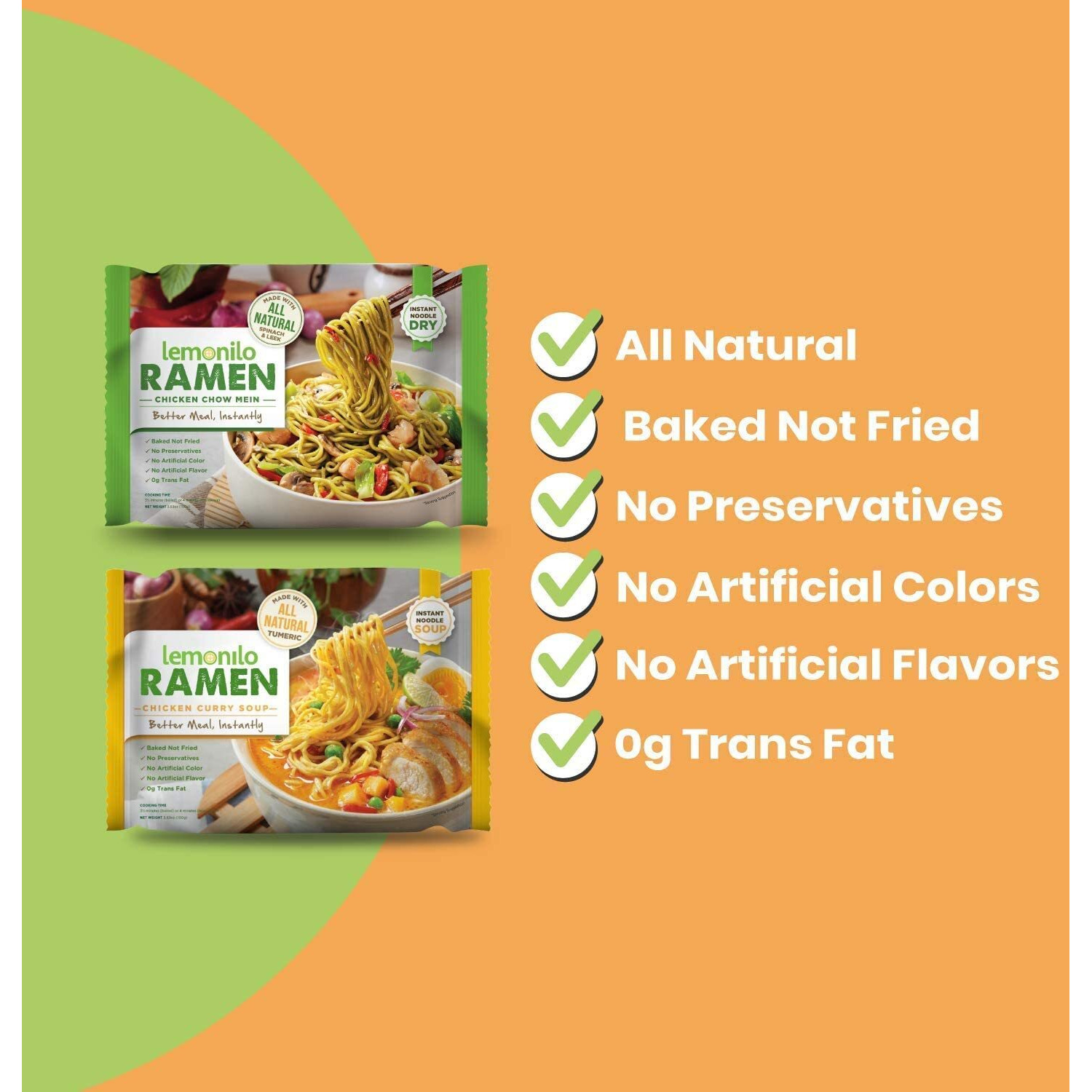 Lemonilo Ramen - Chick'N Chow Mein - Healthy Instant Ramen - Oven Baked Noodles With Spinach And Leek - Made With All-Natural Ingredients - Quick Meal Kit (2.82 Oz) - Pack Of 6