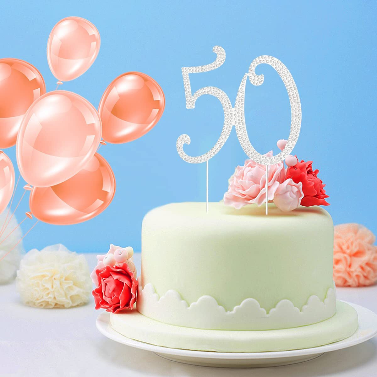 50 Cake Topper 50Th Anniversary Birthday Wedding Diamond Cake Topper For Women 50 Sparkle Bling Rhinestone Cake Decoration Party Supplies Keepsake, Silver