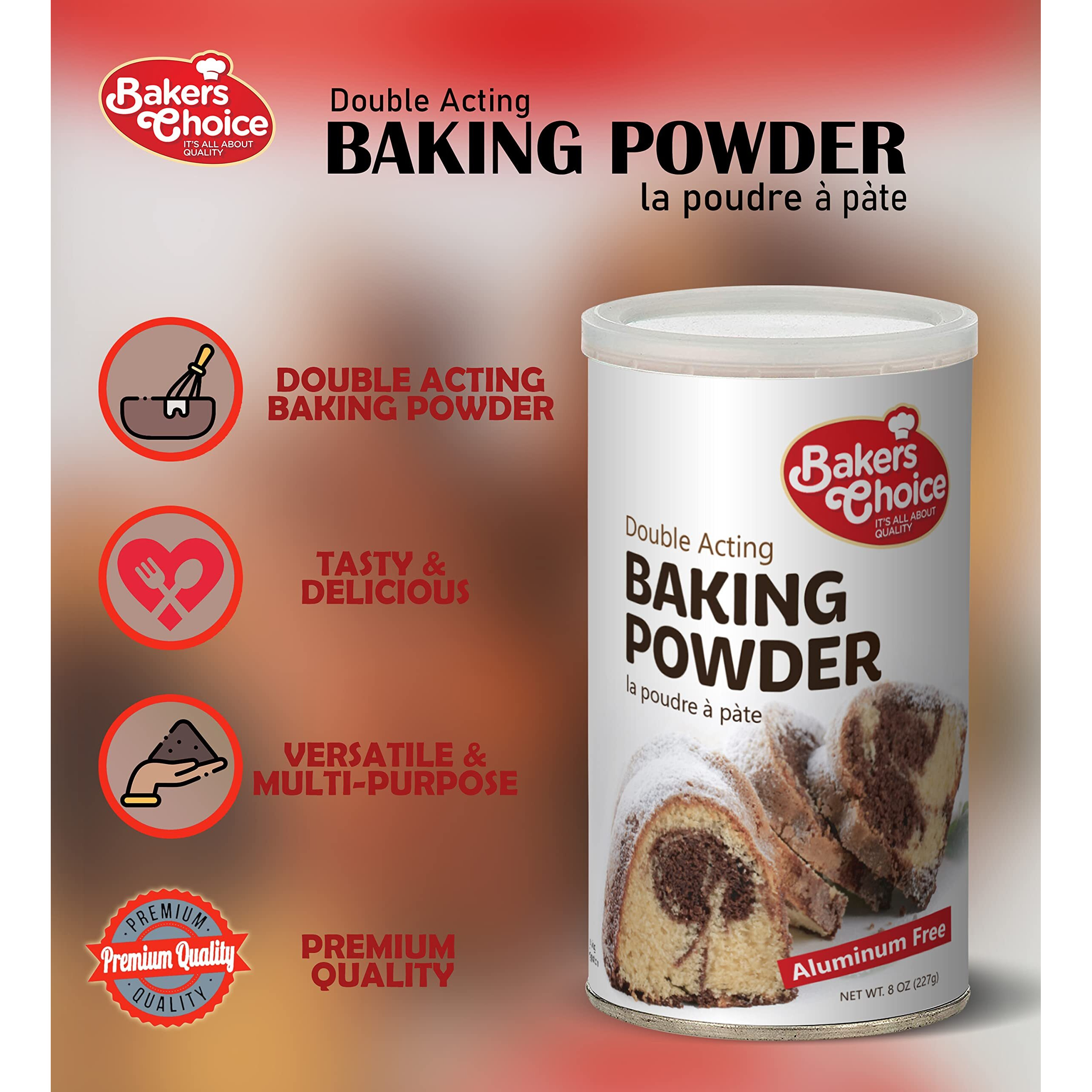 Double Acting Baking Powder, 8 Oz. - Aluminum Free Baking Powder, Premium Grade, Vegan, Vegetarian, Kosher - By Bakers Choice