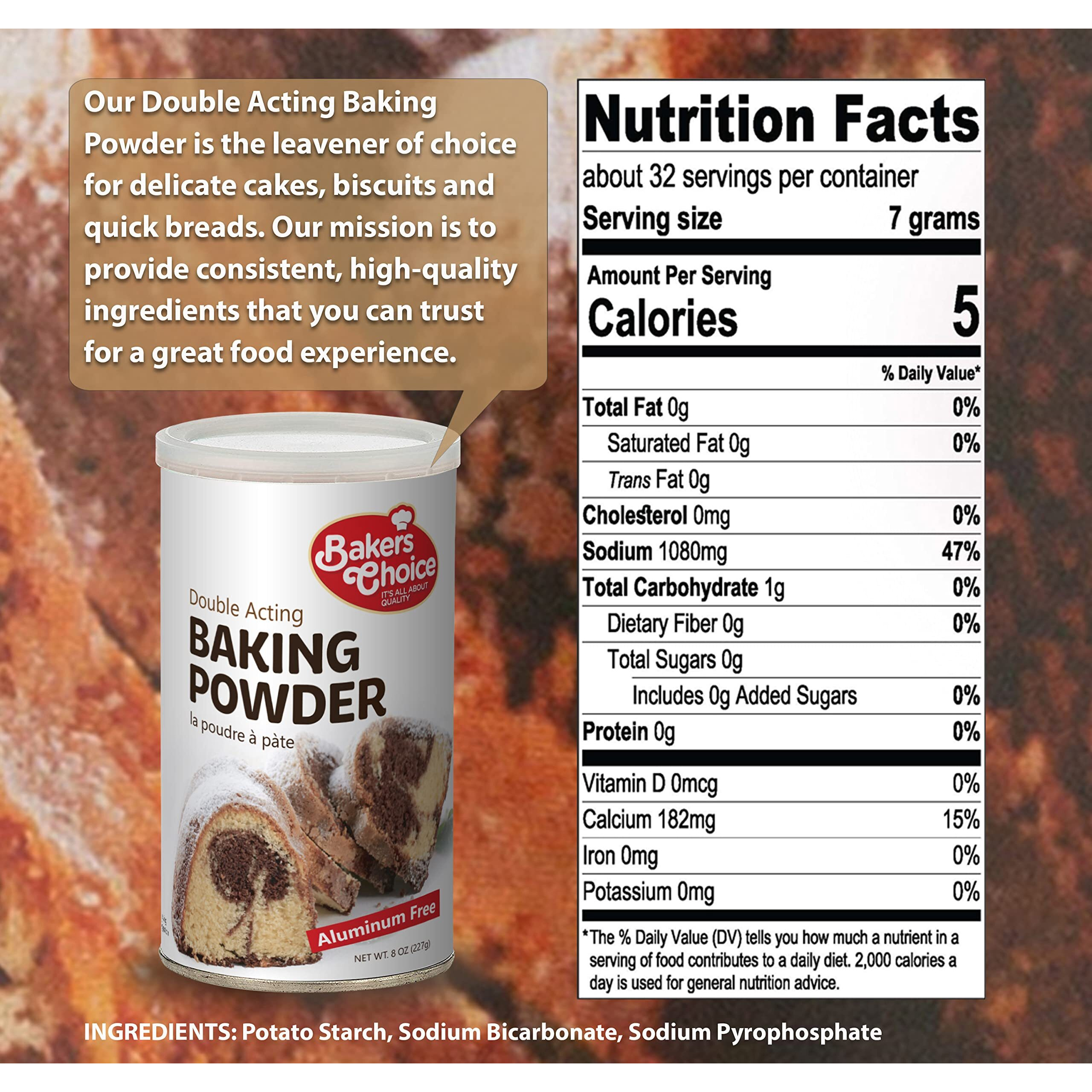 Double Acting Baking Powder, 8 Oz. - Aluminum Free Baking Powder, Premium Grade, Vegan, Vegetarian, Kosher - By Bakers Choice