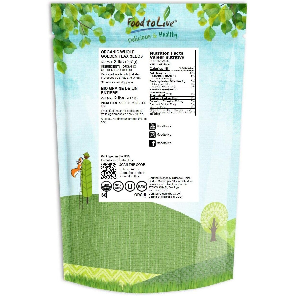 Food To Live Organic Golden Flax Seeds, 2 Pounds - Whole Raw, Non-Gmo, Kosher, Vegan, Bulk. Rich In Omega-3 Fatty Acids, Protein, Dietary Fiber. Great For Smoothies, Salads, Granola, & Baked Goods.