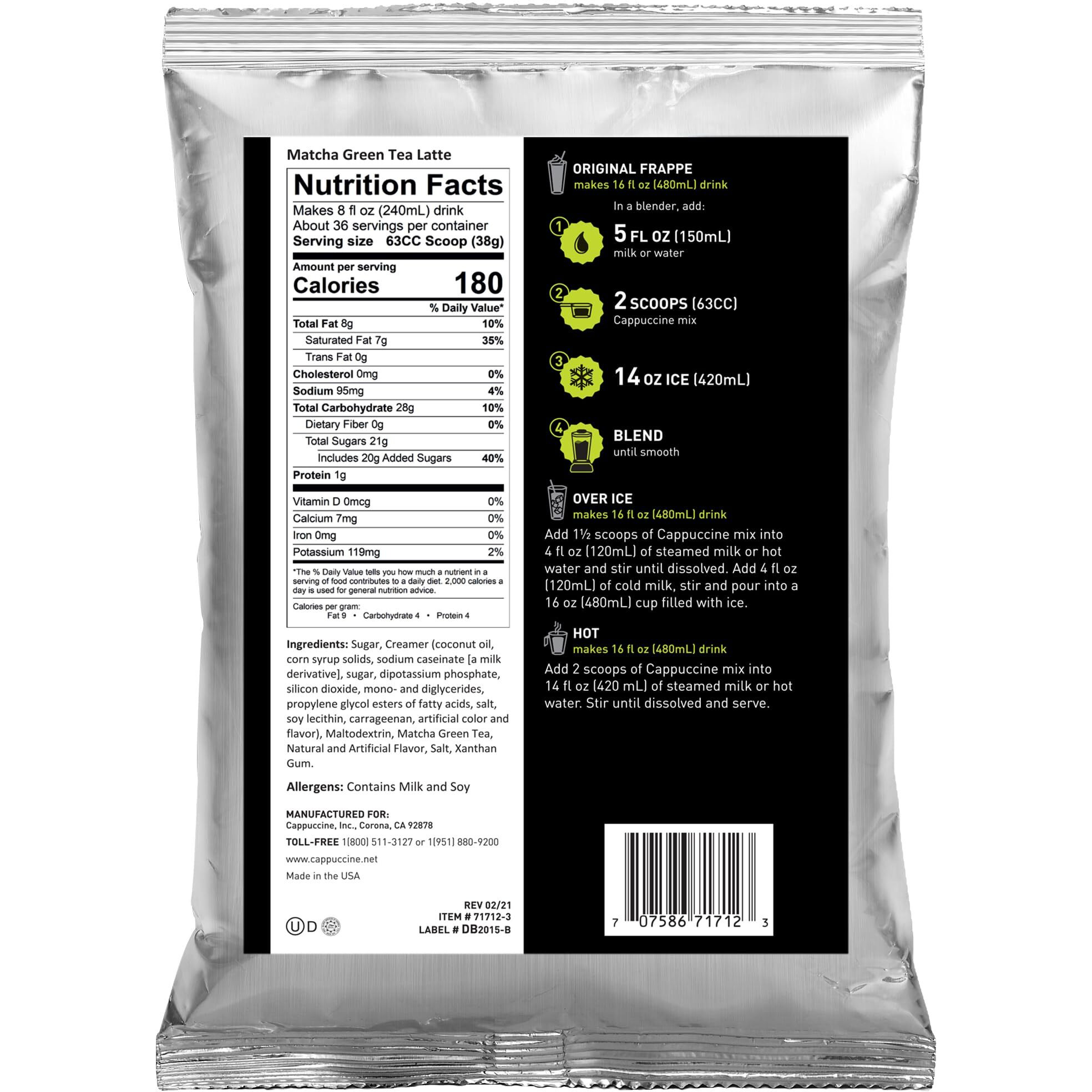 Cappuccine Matcha Green Tea Latte Frappe Mix, 3 Pounds Makes 36 Servings